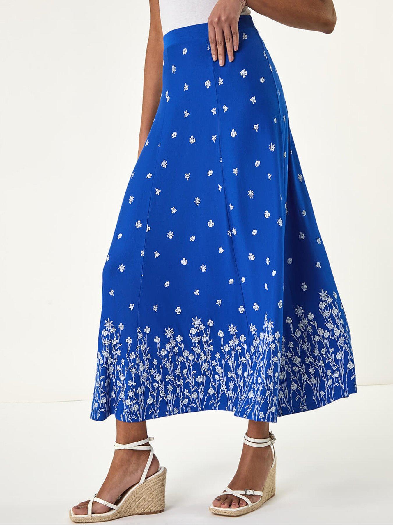 undefined Floral Border Print Stretch Skirt - Royal Blue
