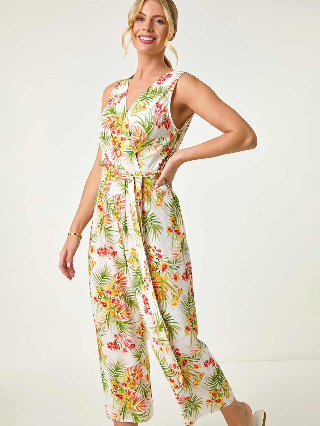 undefined Petite Leaf Border Print Jumpsuit - Ivory