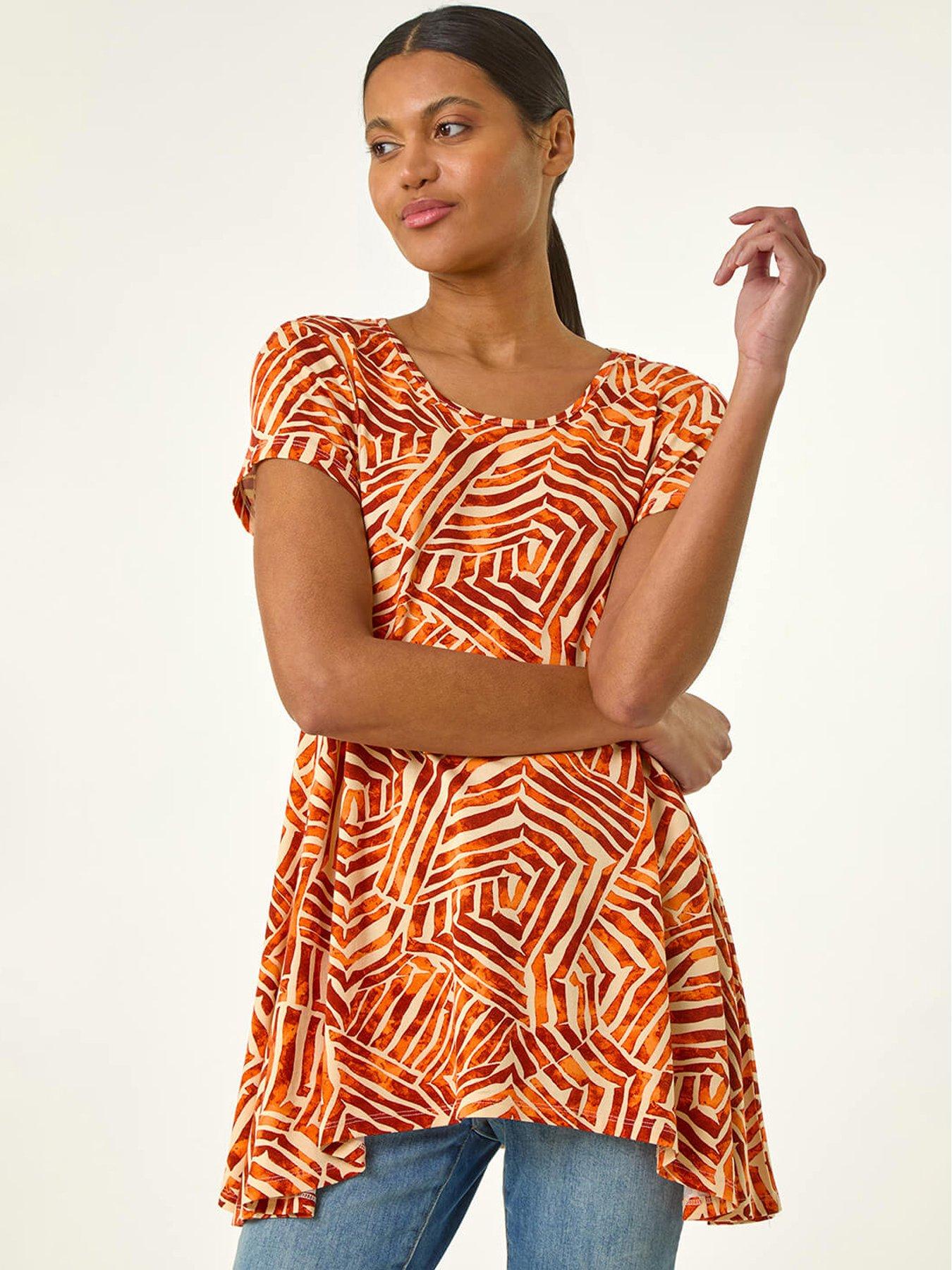 undefined Abstract Print Hanky Hem Tunic Top - Orange