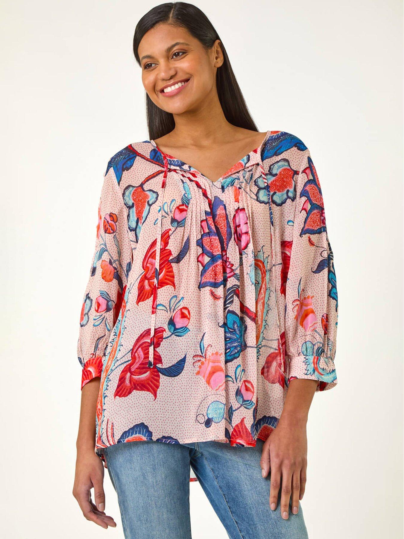 undefined Floral Print Tie Front Top - Blue