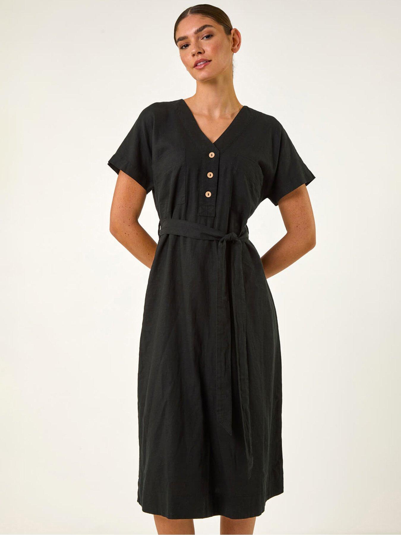 undefined Button Linen Mix Midi Dress - Black