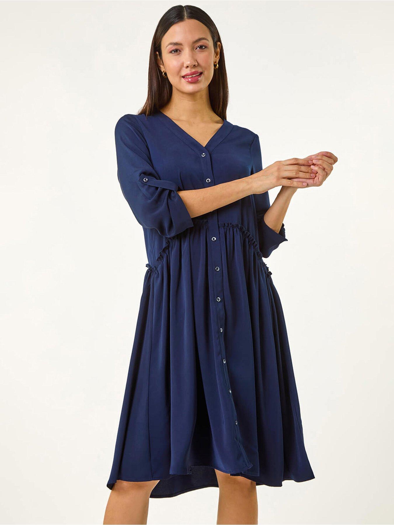 undefined Satin Drop Waist Smock Dress - Navy