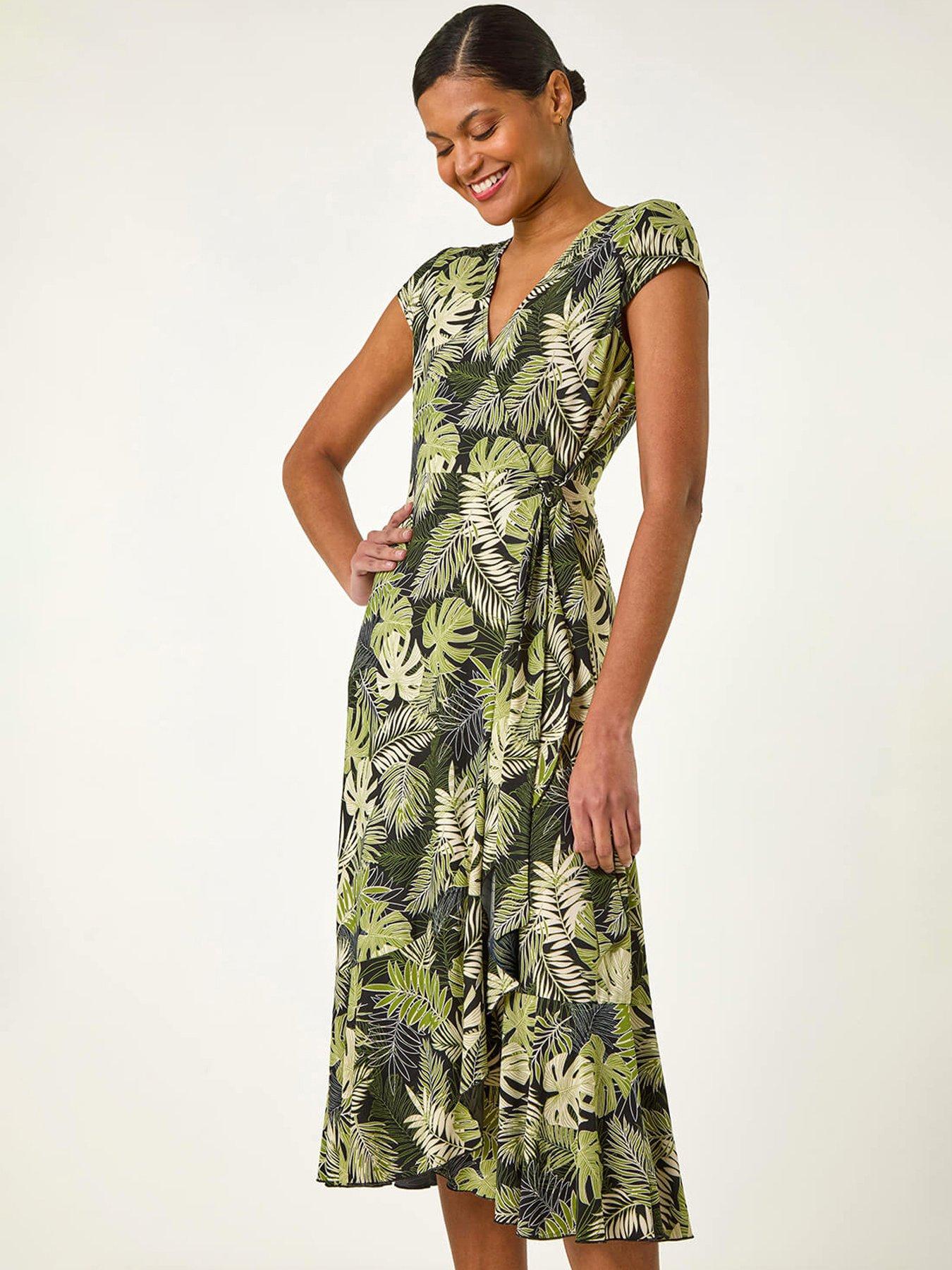 Roman Floral Stretch Midi Wrap Dress - Khaki | Very