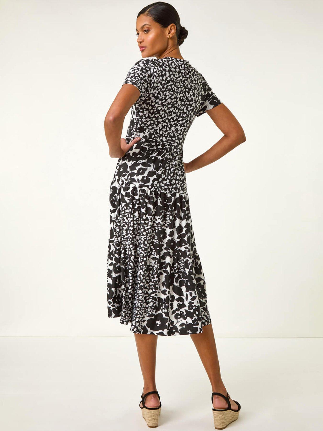 Image 2 of 5 of Roman Floral Print Tiered Midi Dress - Black