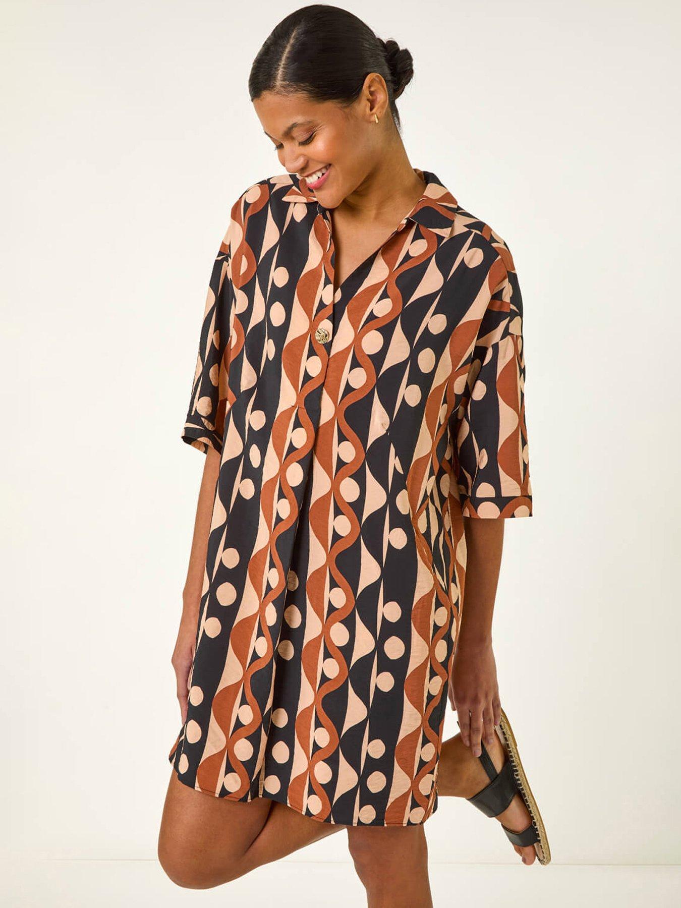 undefined Geometric Collared Shirt Dress - Tan