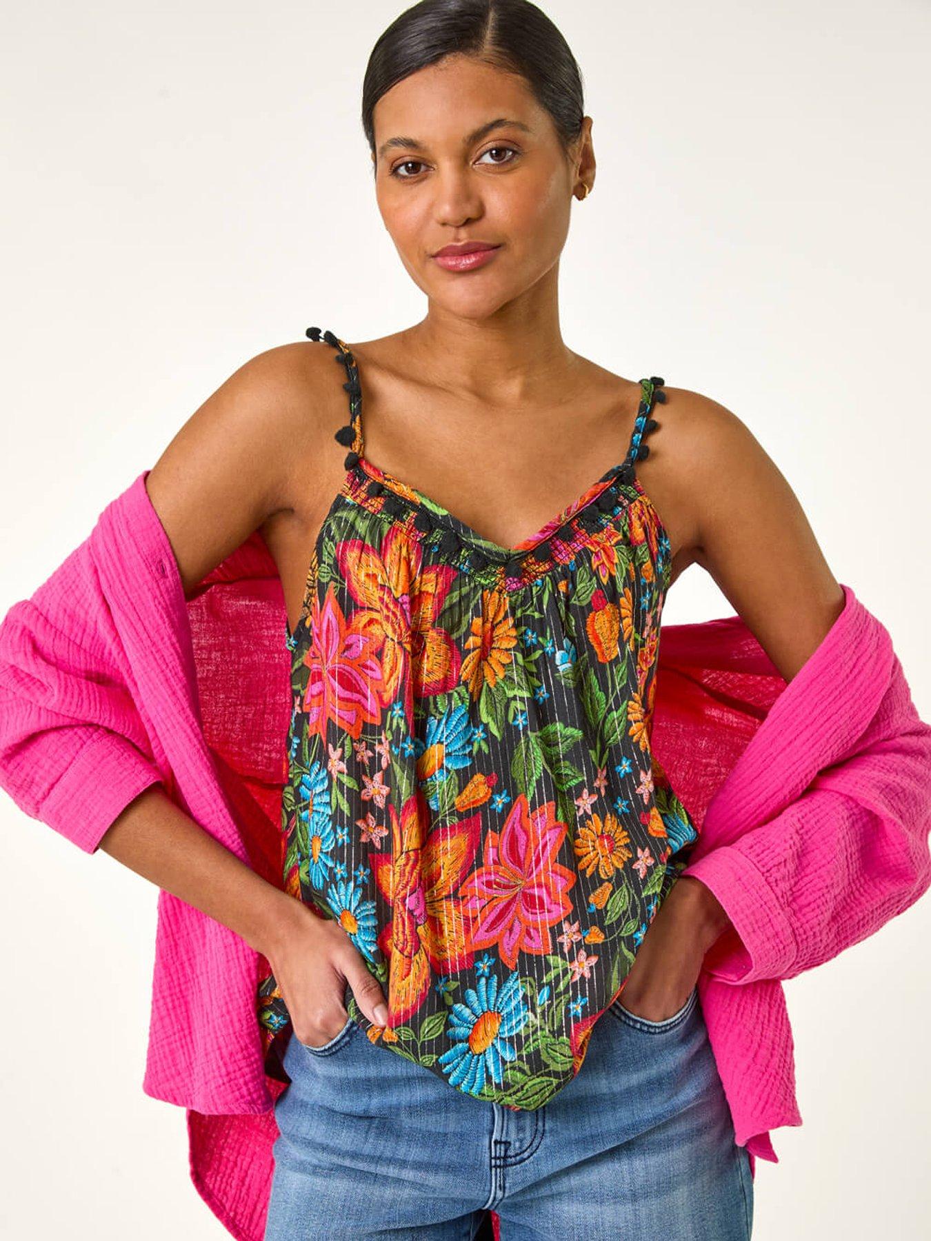 Image of Roman Floral Printed Pom Pom Cami Top - Red