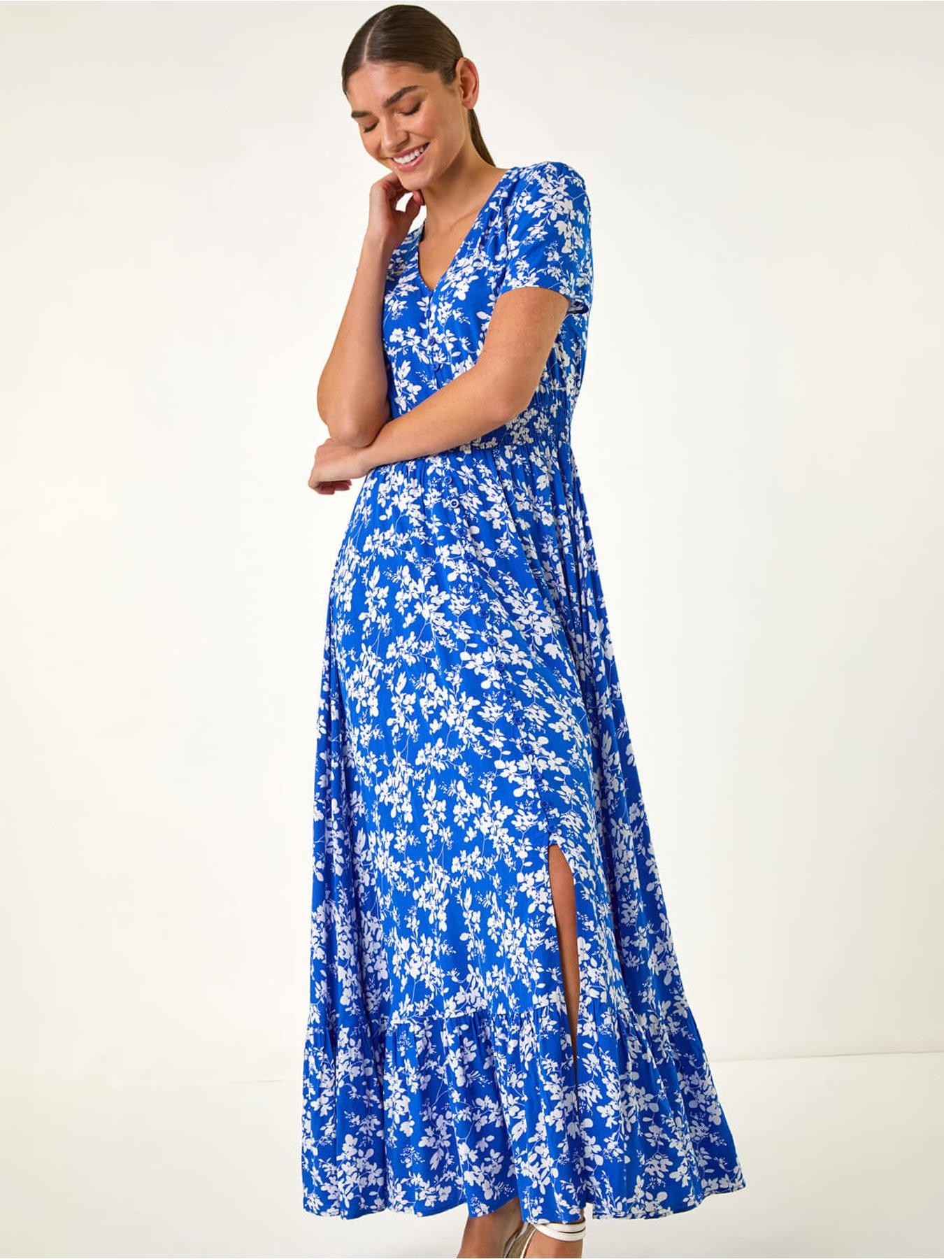 princess polly baby blue dress Blue Floral Strappy Wrap Top Frill Hem Dress  AX Paris