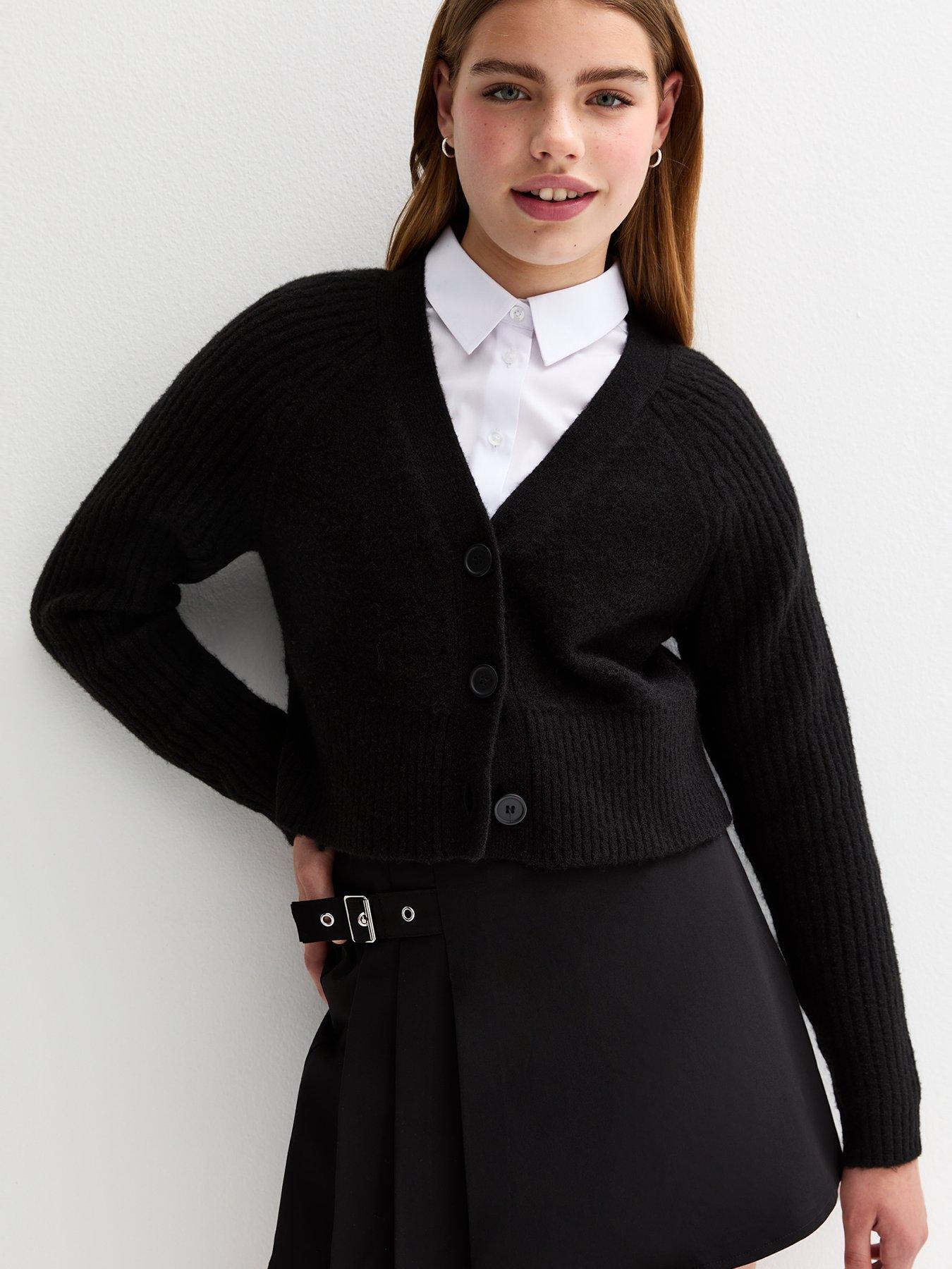 undefined Girls Black Ribbed Raglan Sleeve School Cardigan