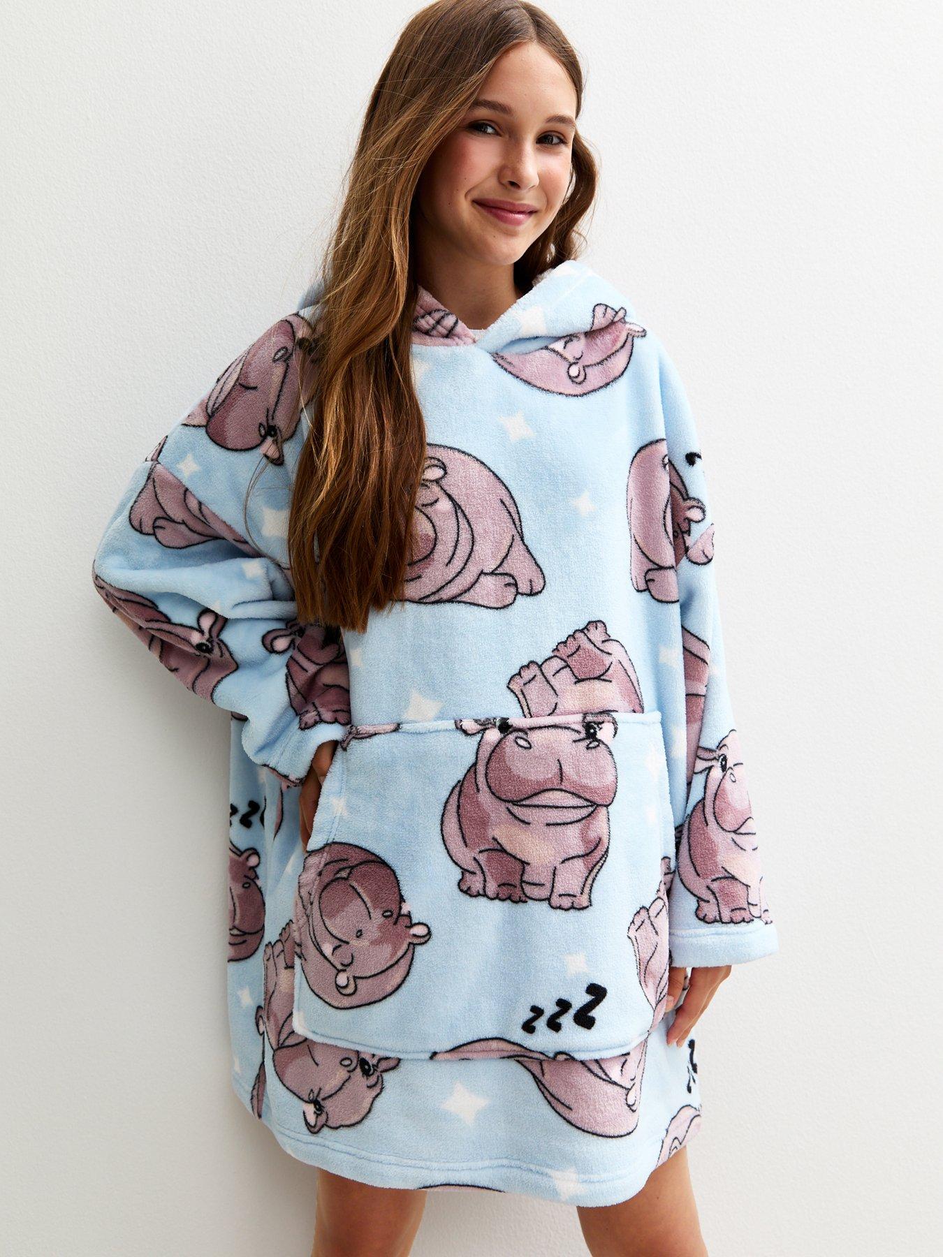 New Look 915 Girls Hippo Design Oversized Fleece Hoodie - Light Blue