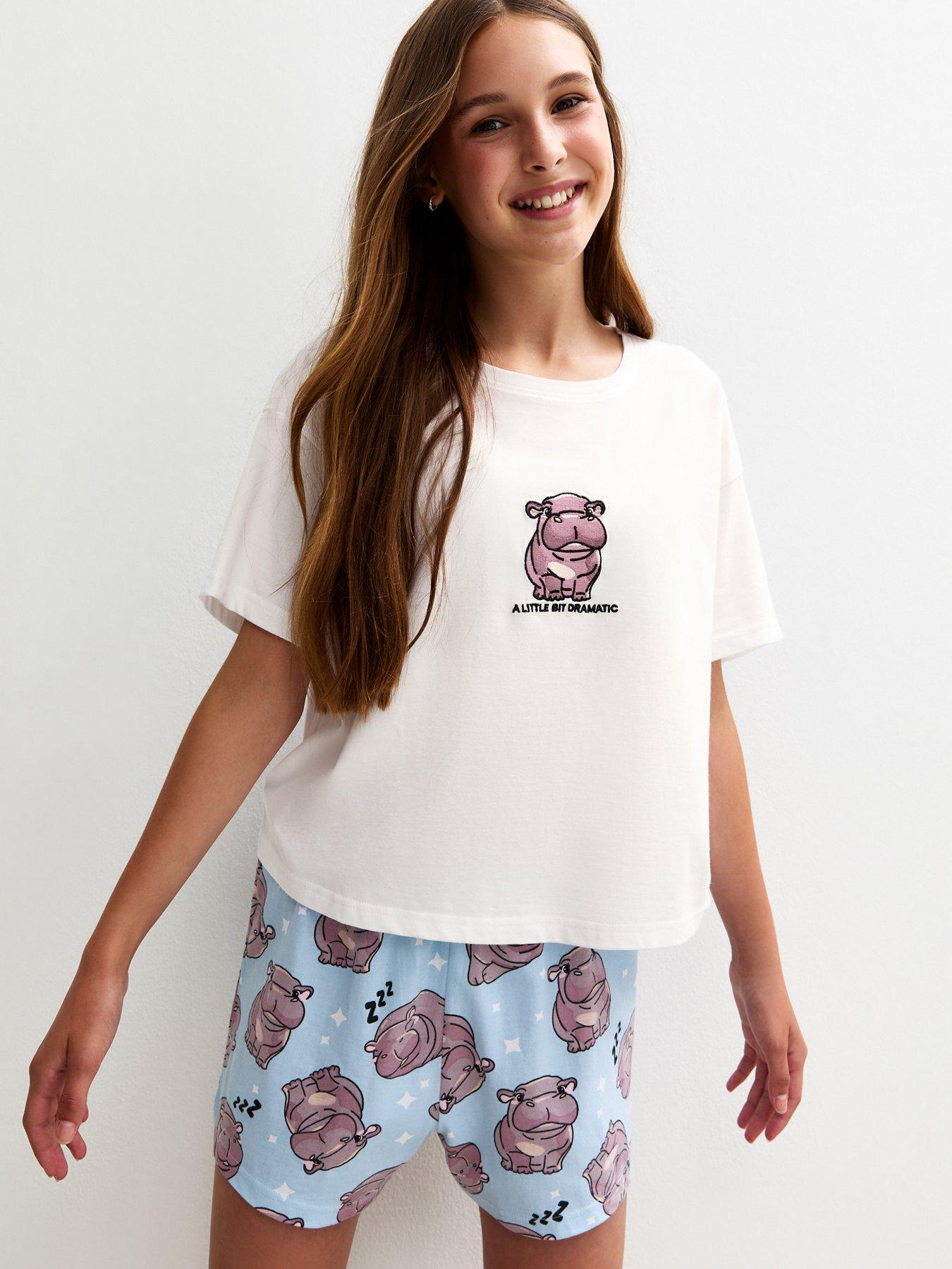New Look 915 Girls Hippo Print Pyjama Shorts Set - White