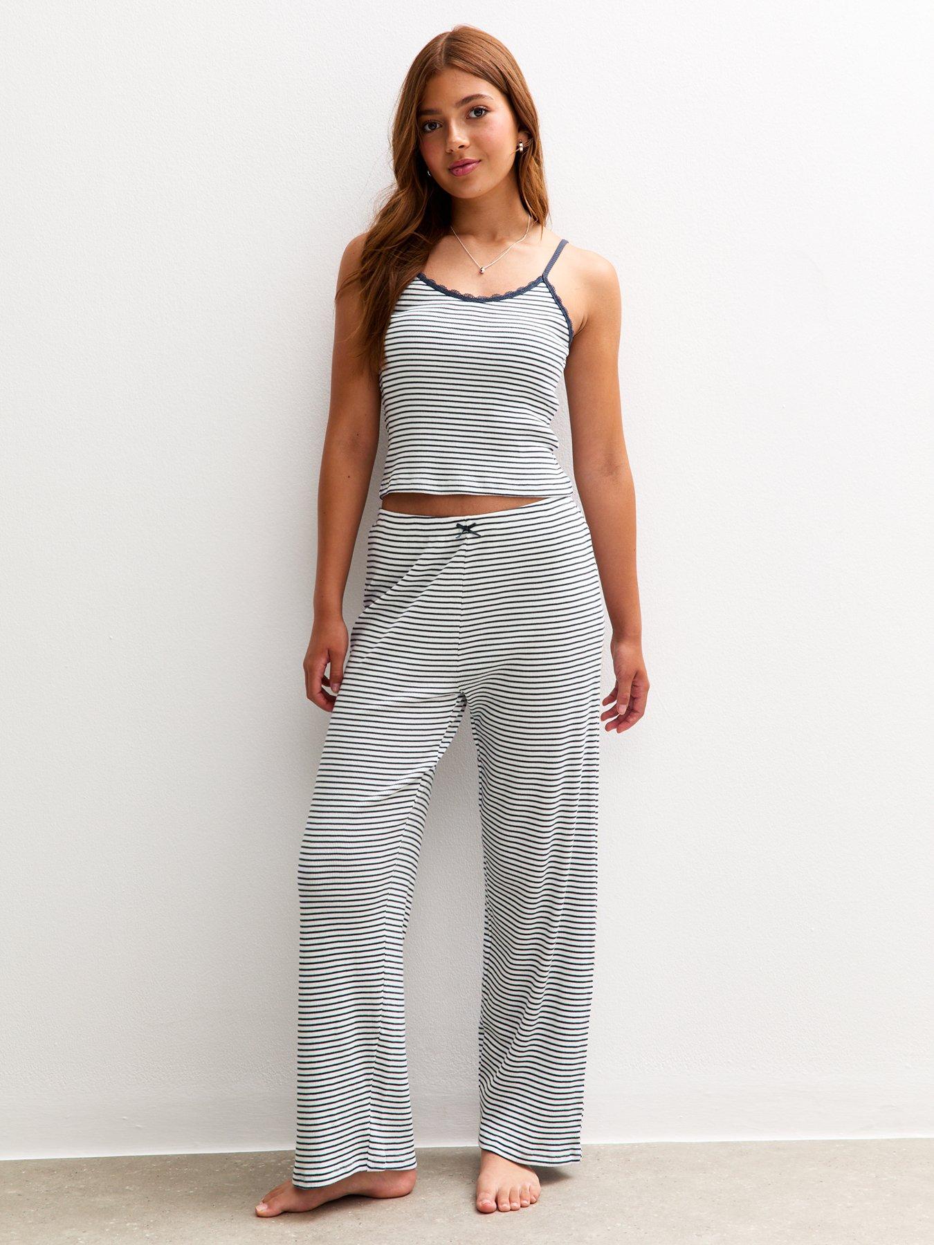New Look 915 Girls Striped Vest Wide Leg Trouser Pyjama Set - White