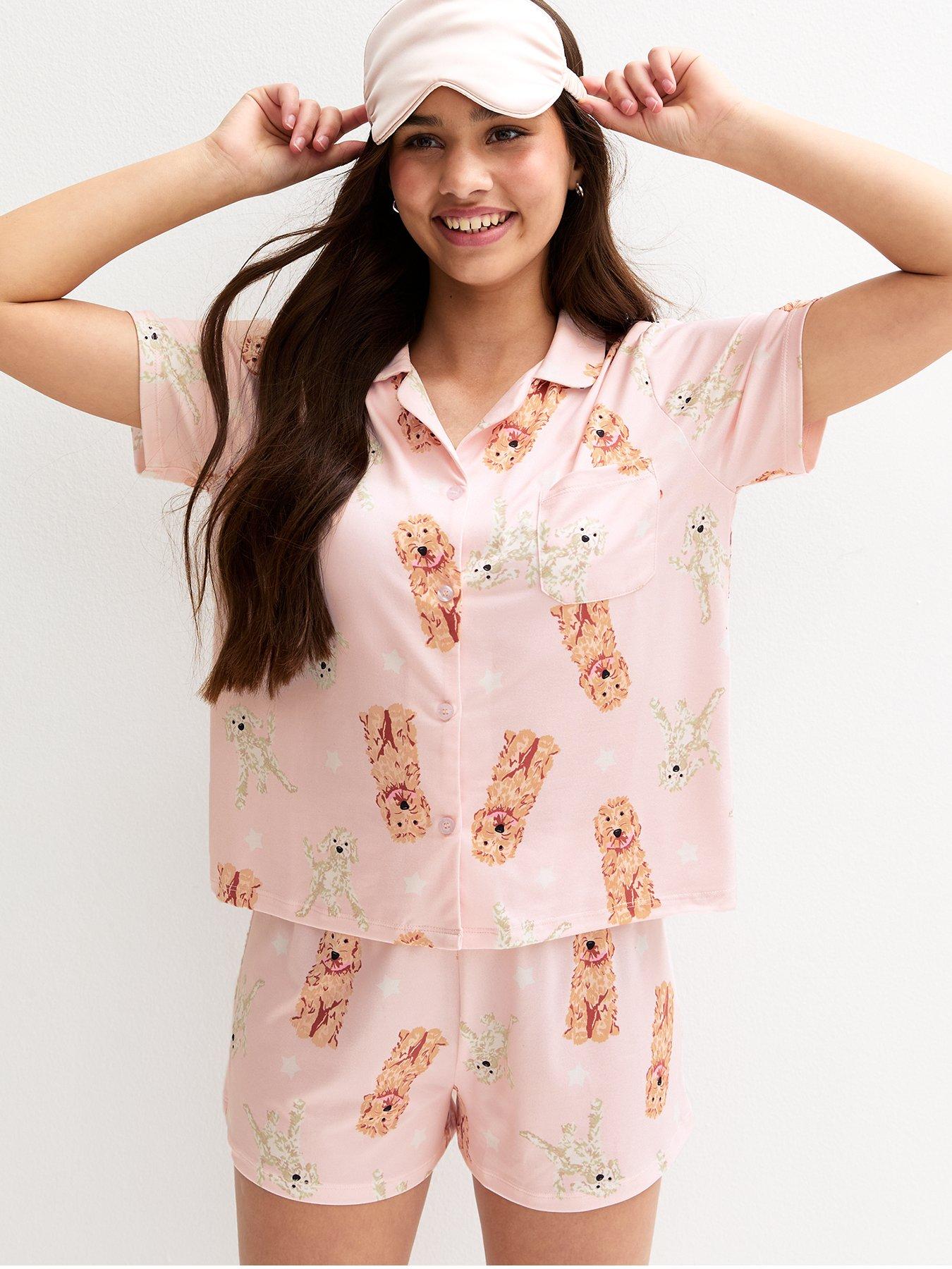 undefined Girls Pink Dog Print Shirt And Shorts Pyjama Set