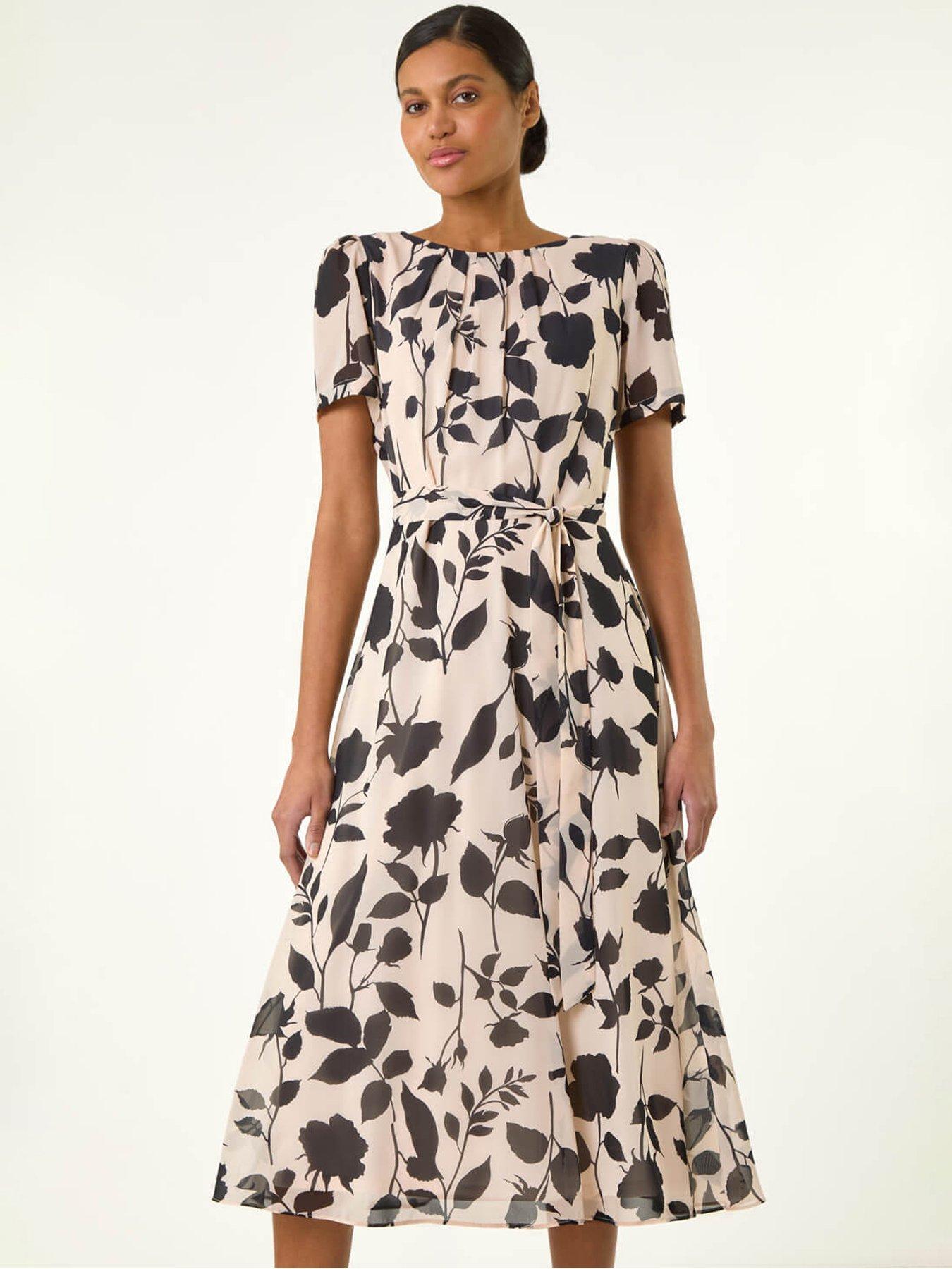 undefined Flower Print Pleat Neck Midi Dress - Cream