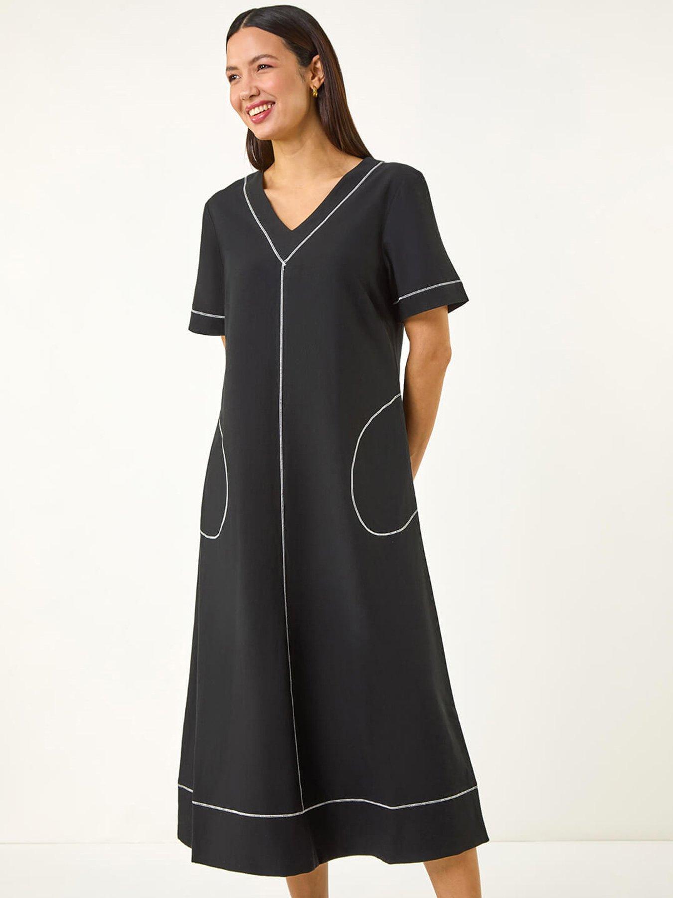 undefined Contrast Stitch Detail A-line Dress - Black
