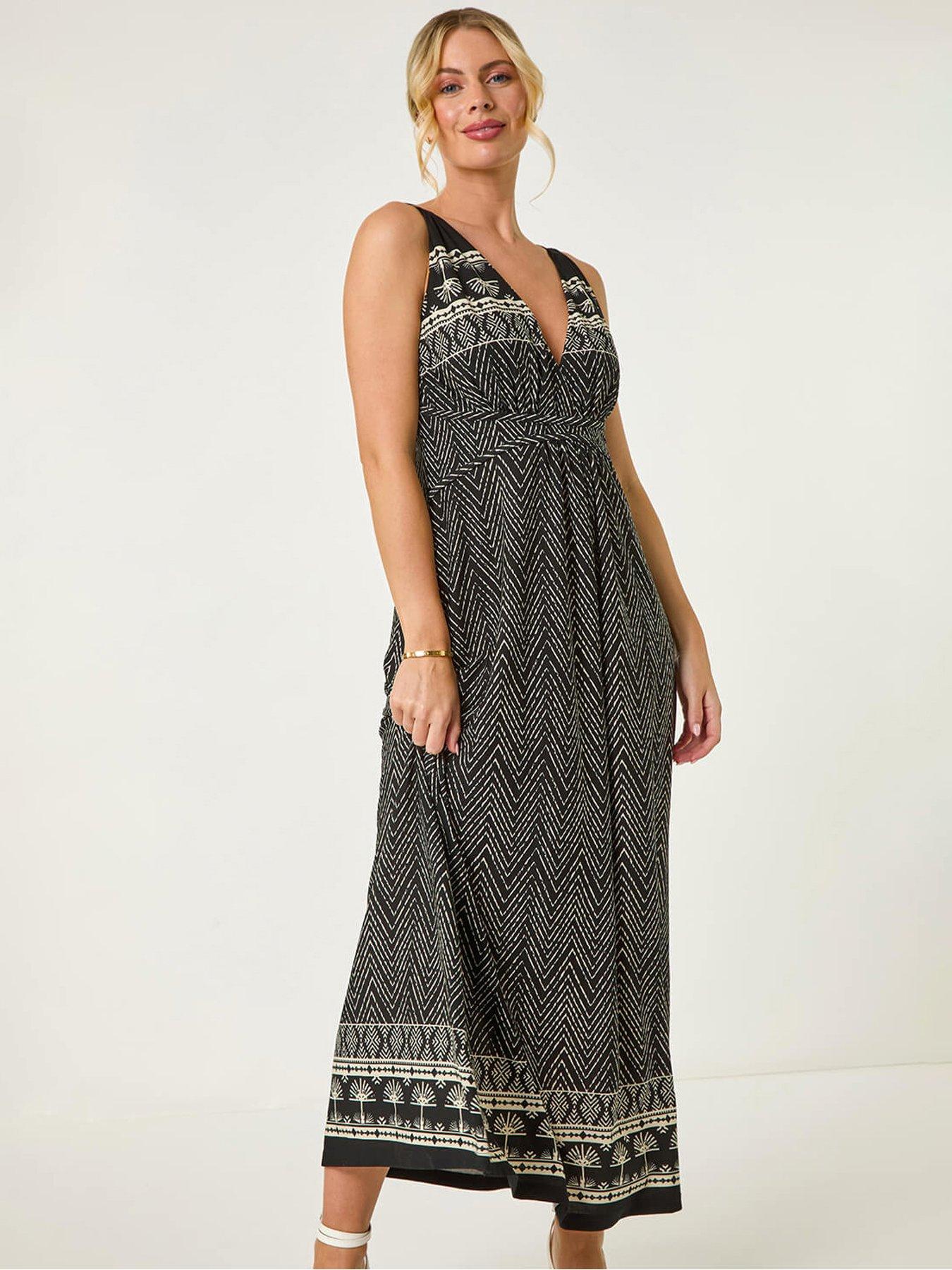 undefined Petite Palm Print Border Maxi Dress - Black