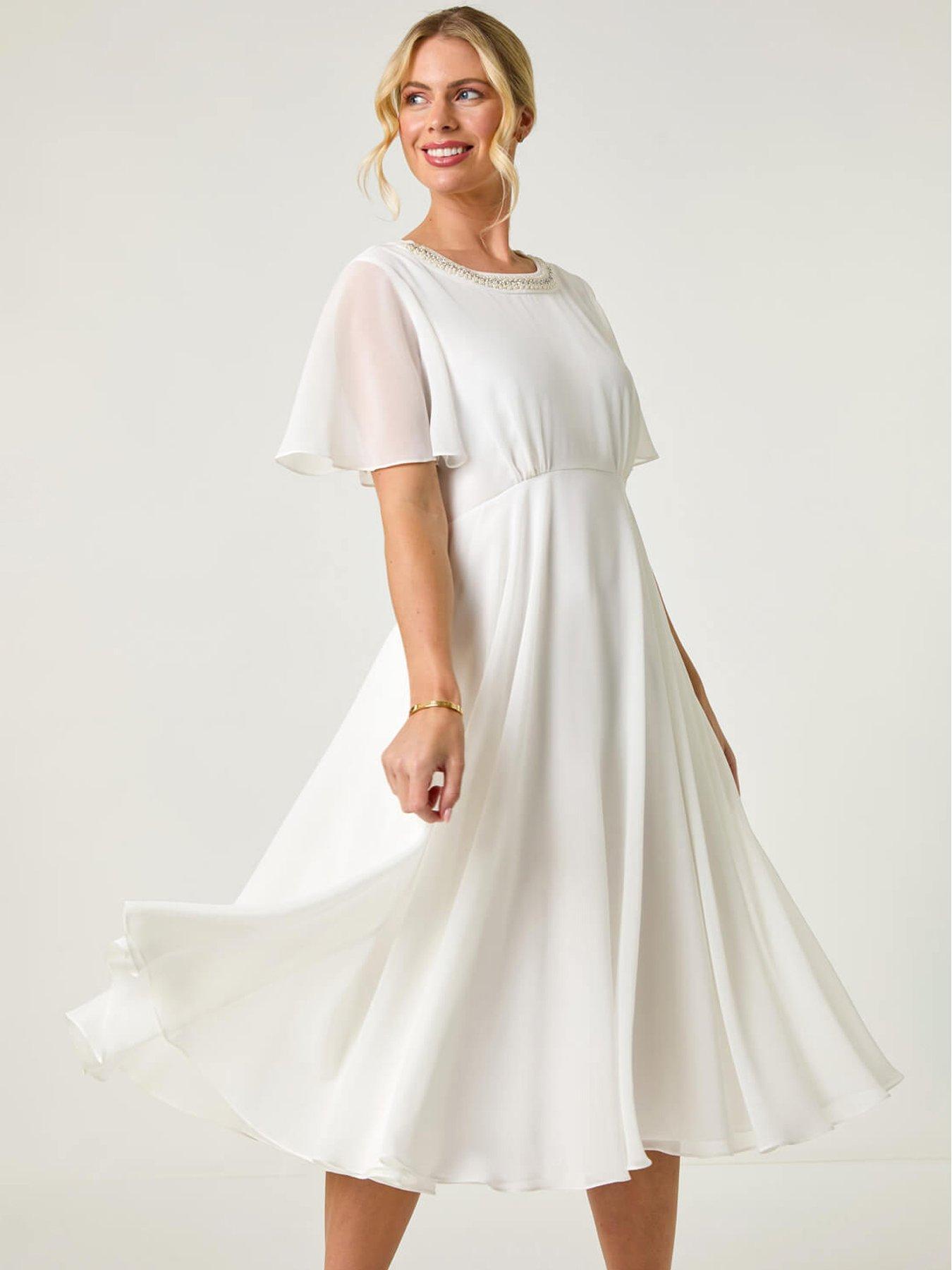undefined Petite Trim Neck Short Sleeve Dress - Ivory