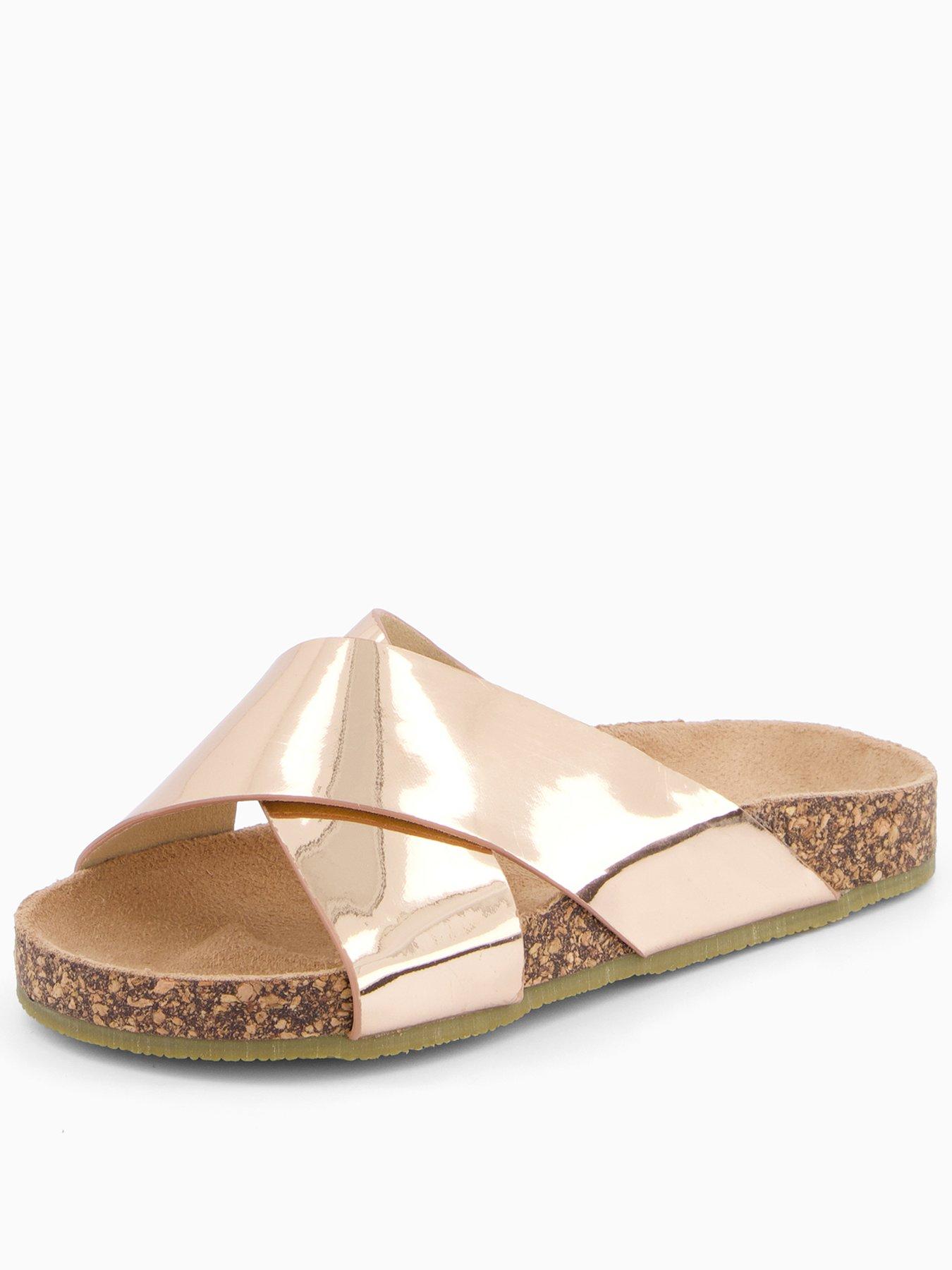 V by Very: Metallic Cross Over Corkbed Sliders - Gold