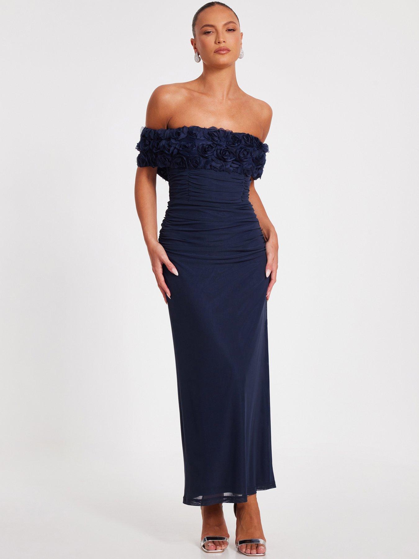 Image 1 of 6 of Quiz Navy Mesh Bardot Midaxi Dress