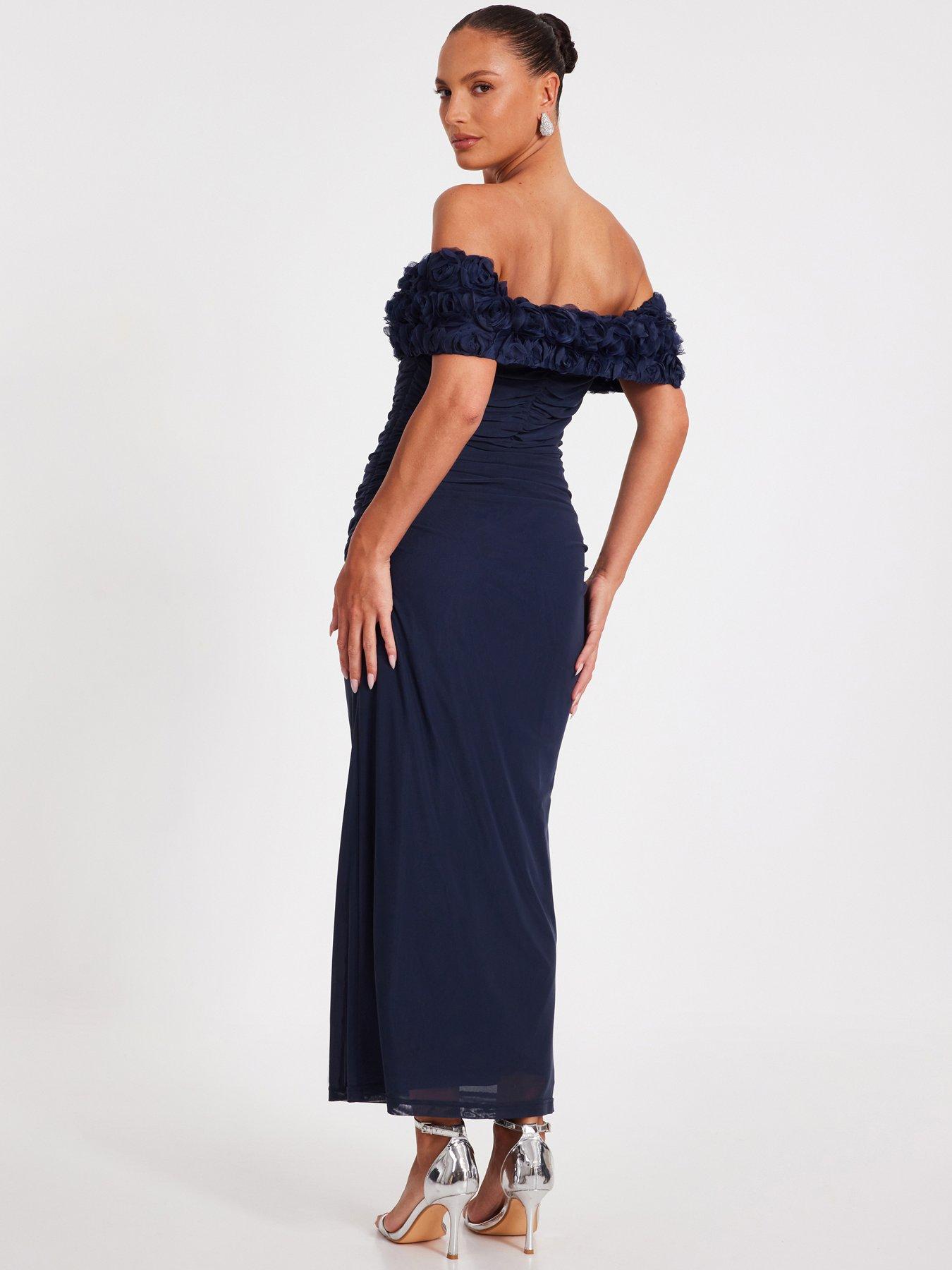 Image 2 of 6 of Quiz Navy Mesh Bardot Midaxi Dress