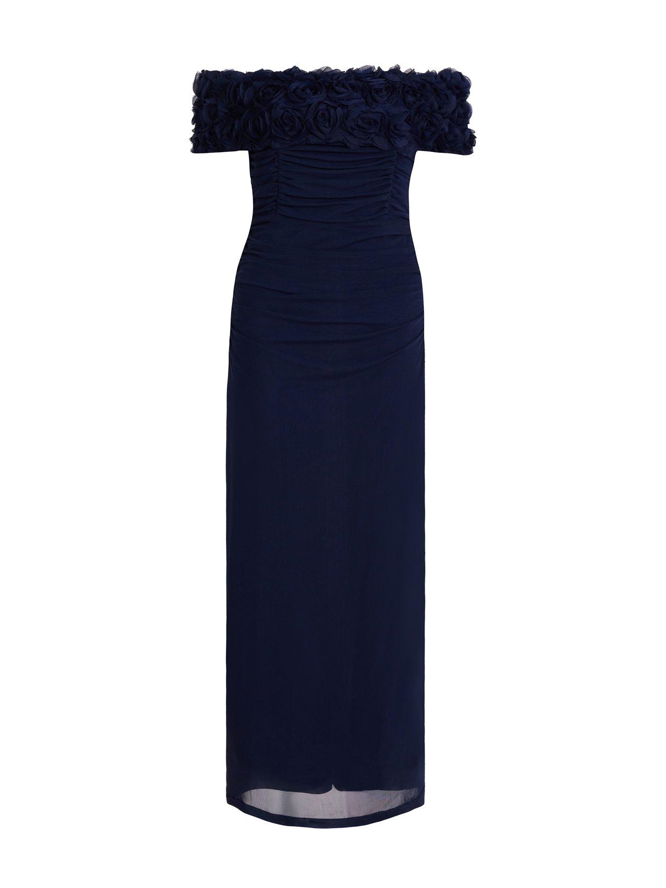 Image 4 of 6 of Quiz Navy Mesh Bardot Midaxi Dress