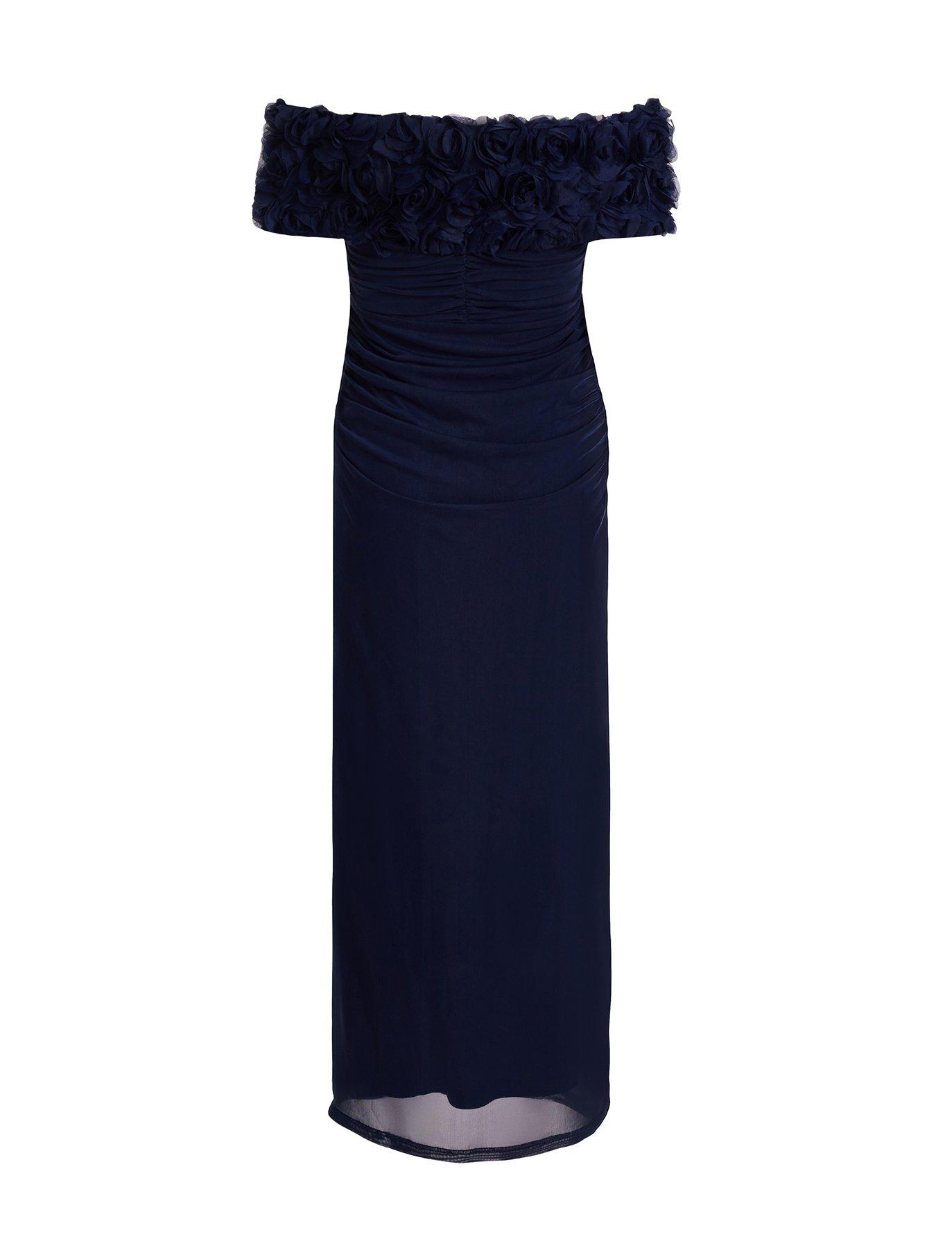 Image 5 of 6 of Quiz Navy Mesh Bardot Midaxi Dress