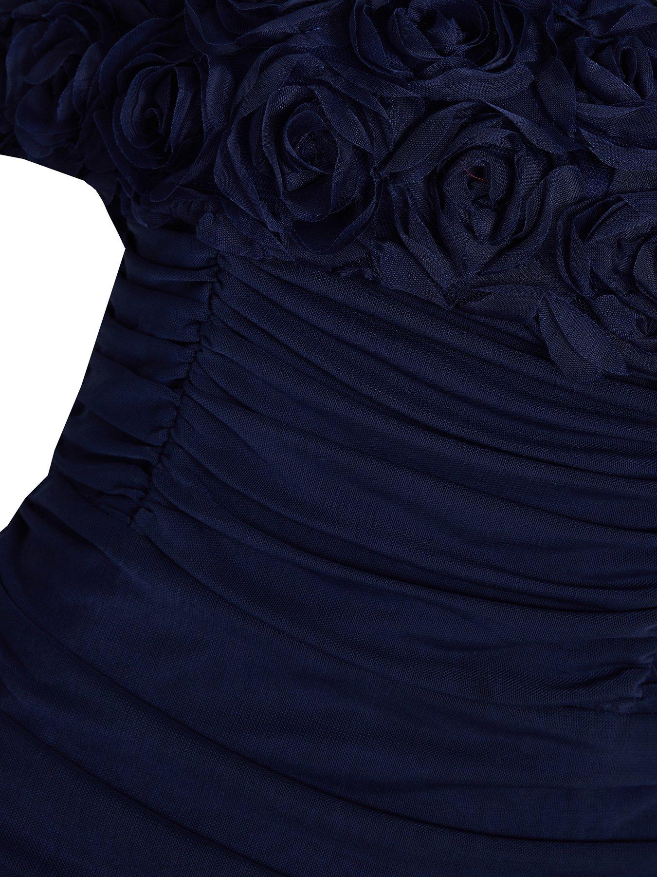 Image 6 of 6 of Quiz Navy Mesh Bardot Midaxi Dress
