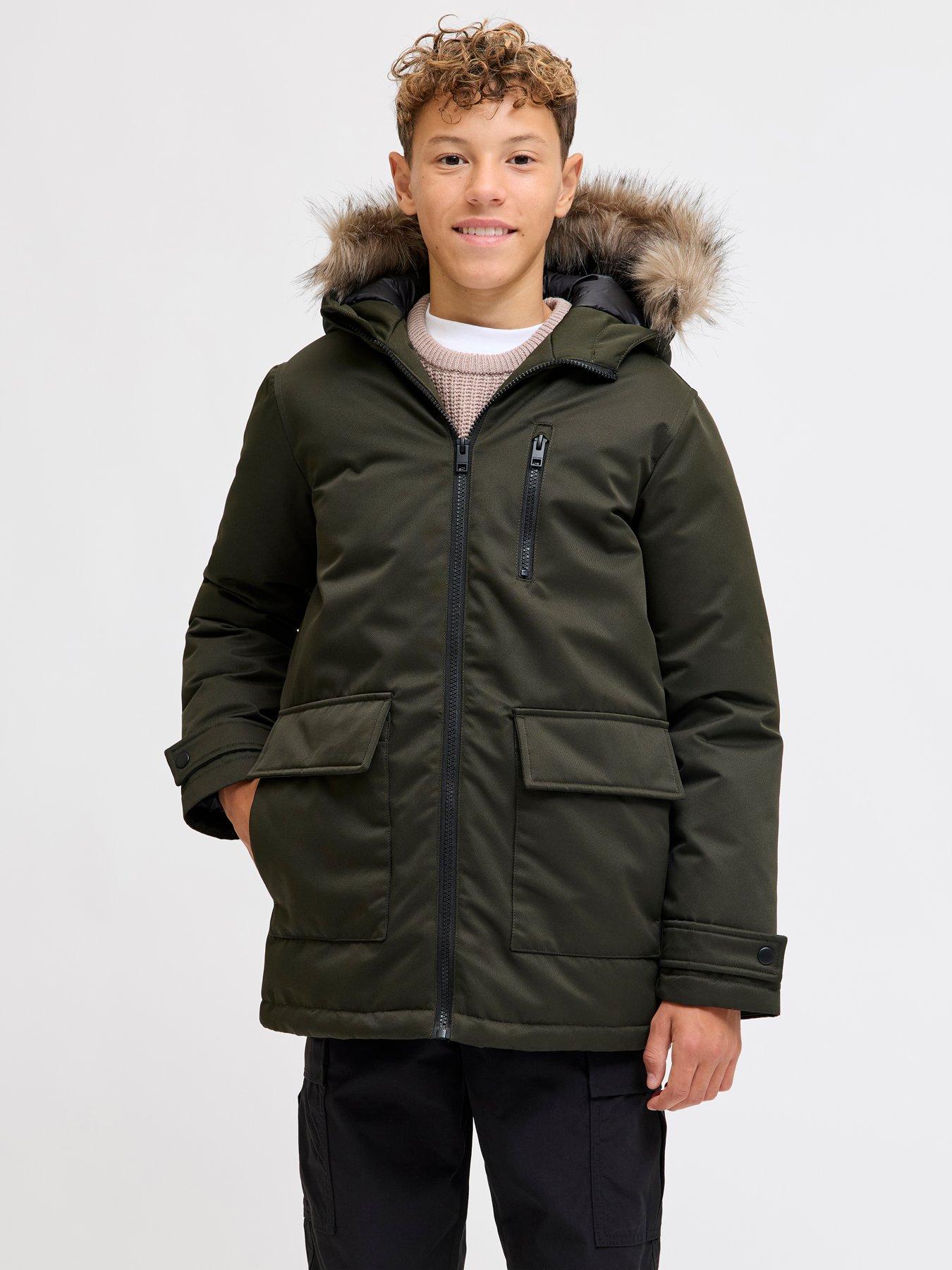 Jack & Jones Junior: Boys Charlie Detachable Faux Fur Parka - Khaki