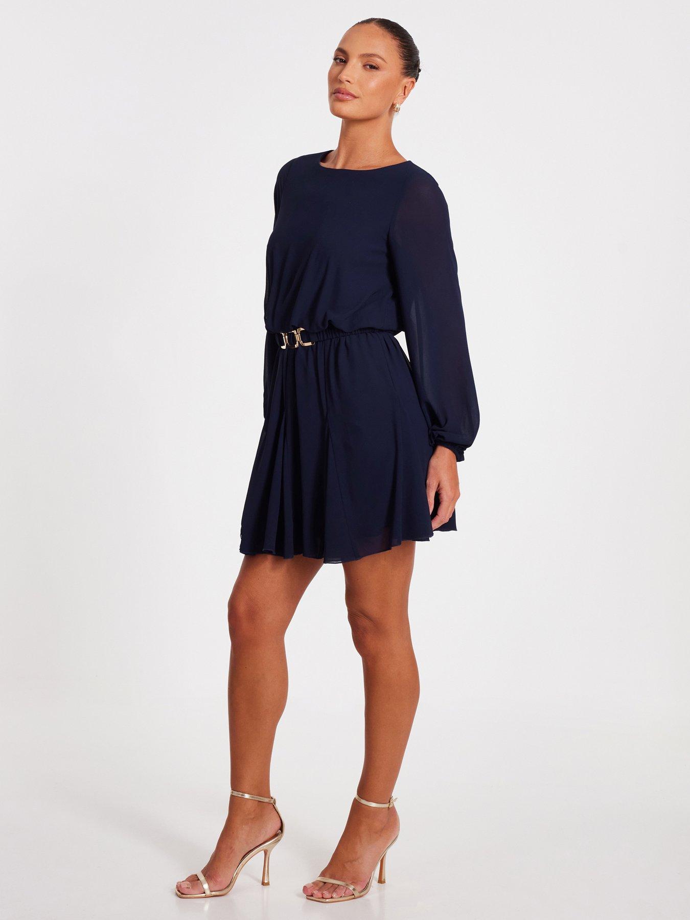 Quiz Navy Chiffon Long Sleeve Skater Dress | Very