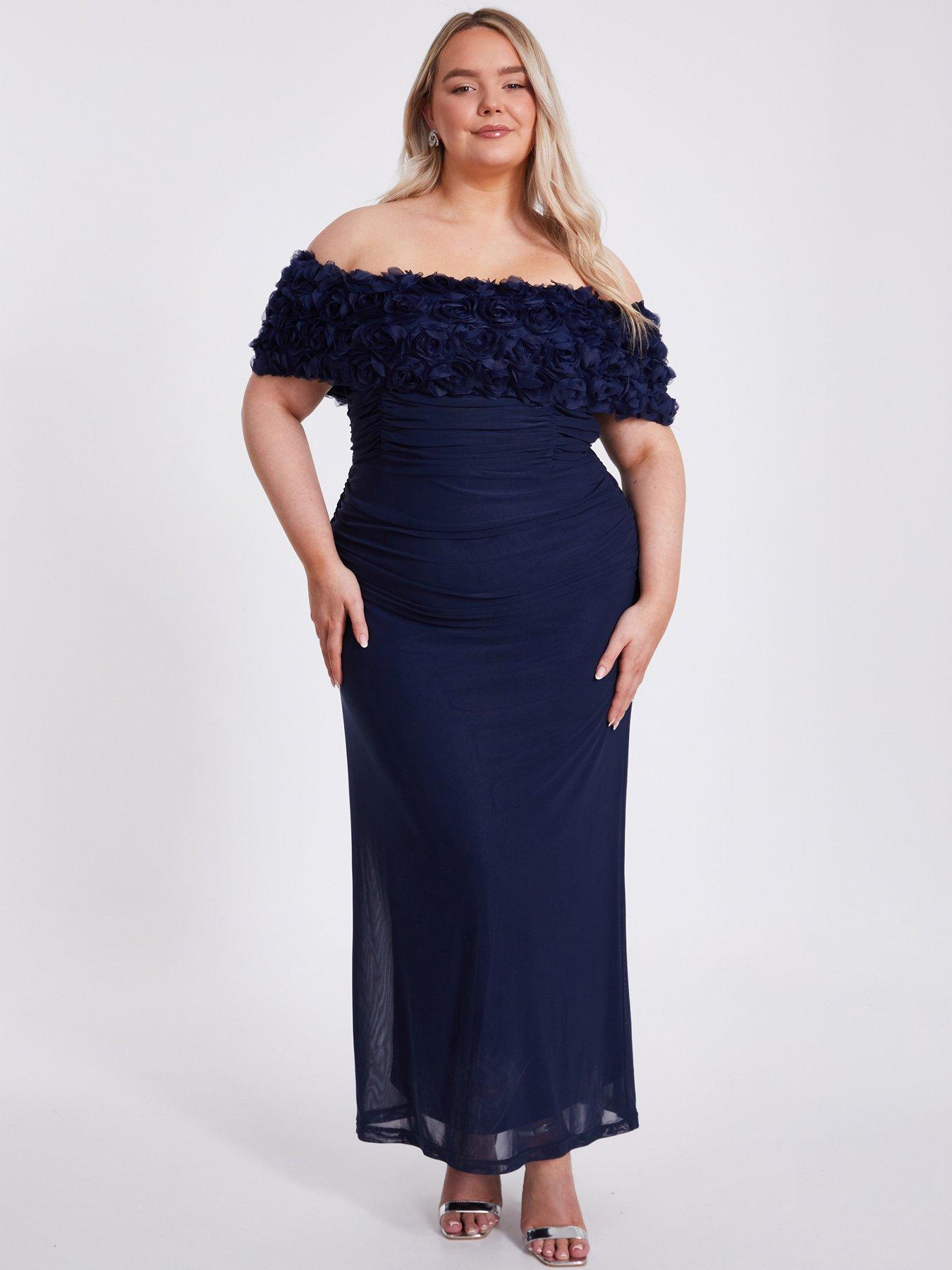 Image 1 of 6 of Quiz Curve Navy Mesh Bardot Midaxi Dress