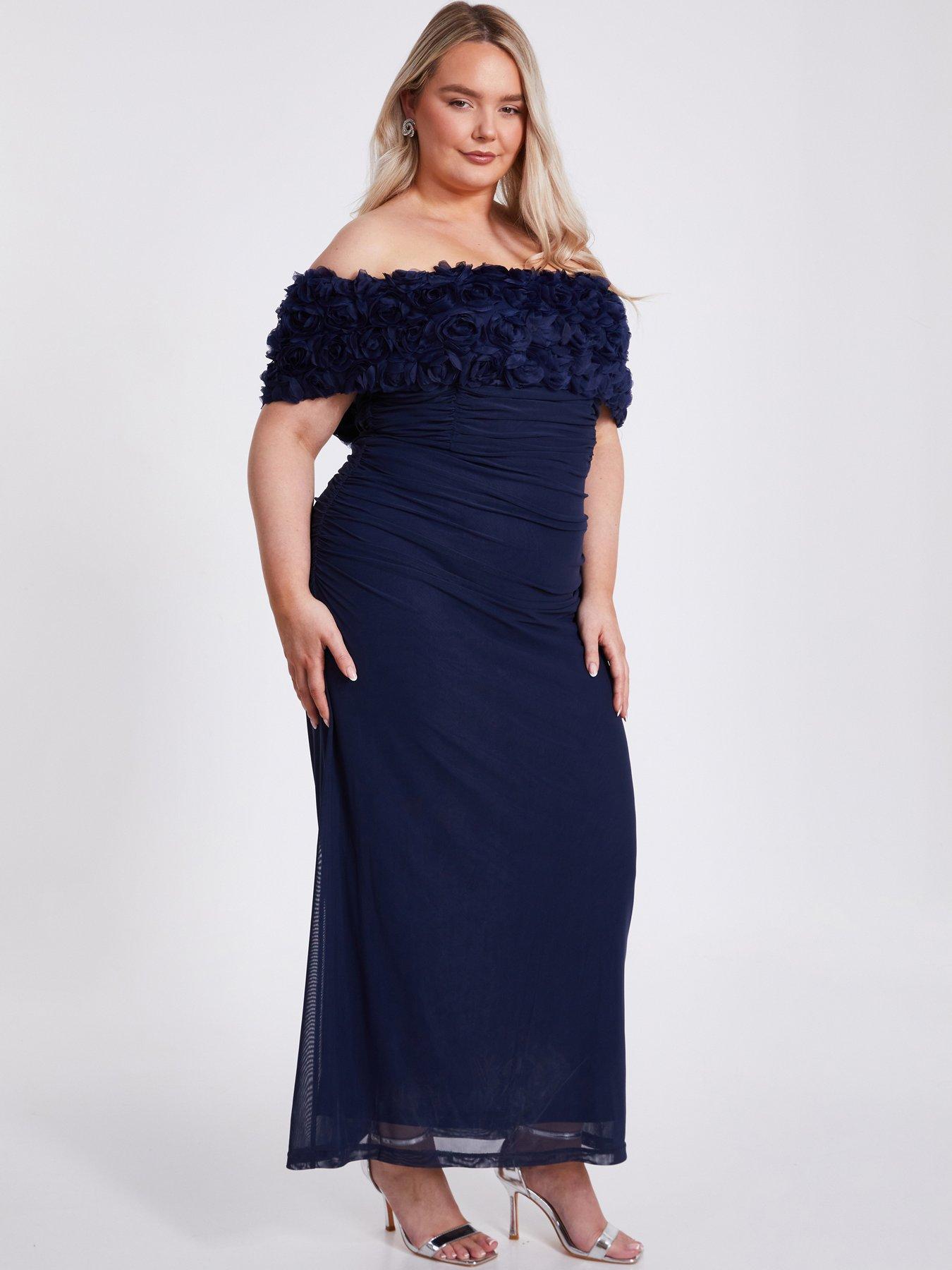 Image 3 of 6 of Quiz Curve Navy Mesh Bardot Midaxi Dress