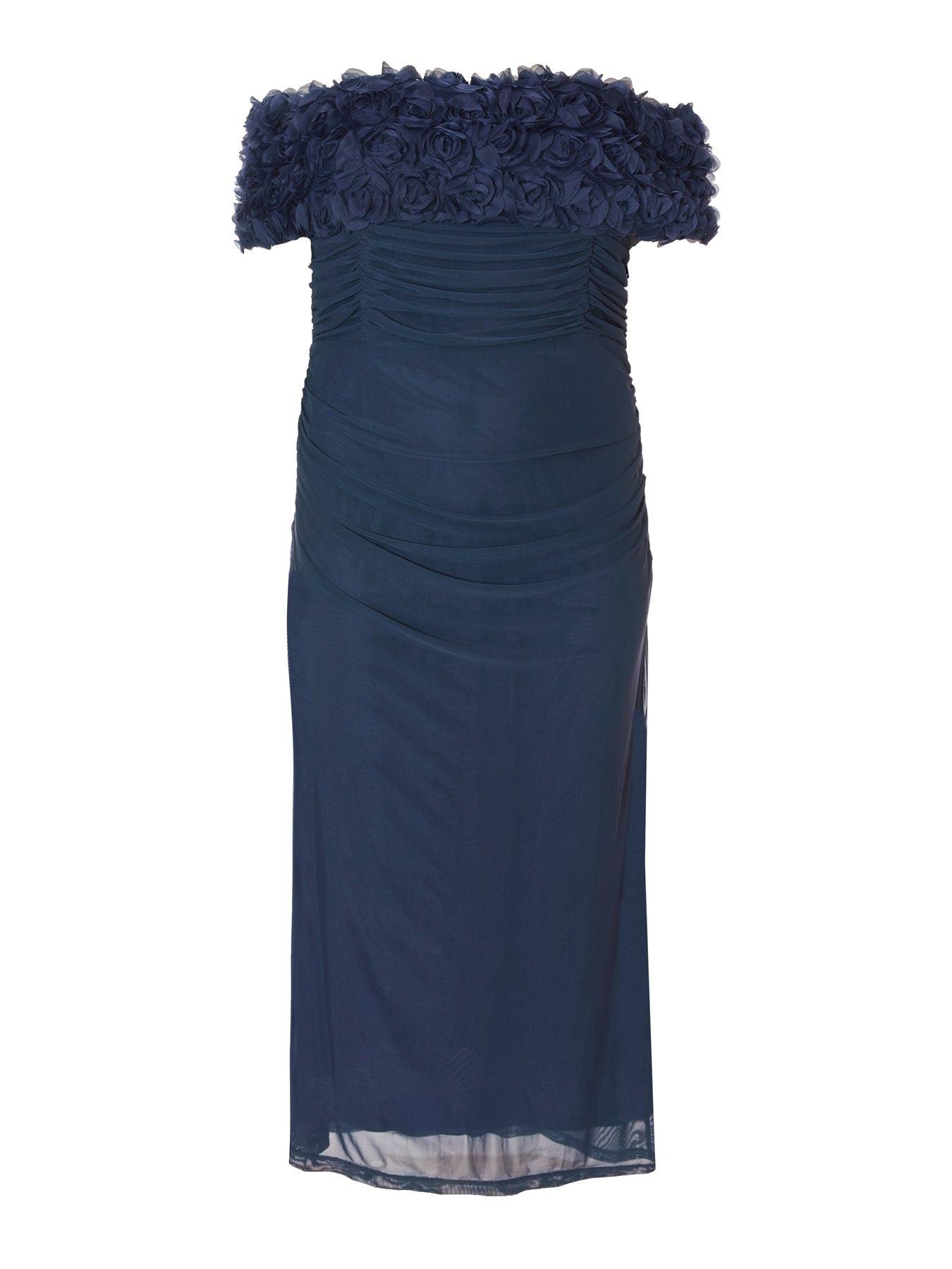 Image 4 of 6 of Quiz Curve Navy Mesh Bardot Midaxi Dress