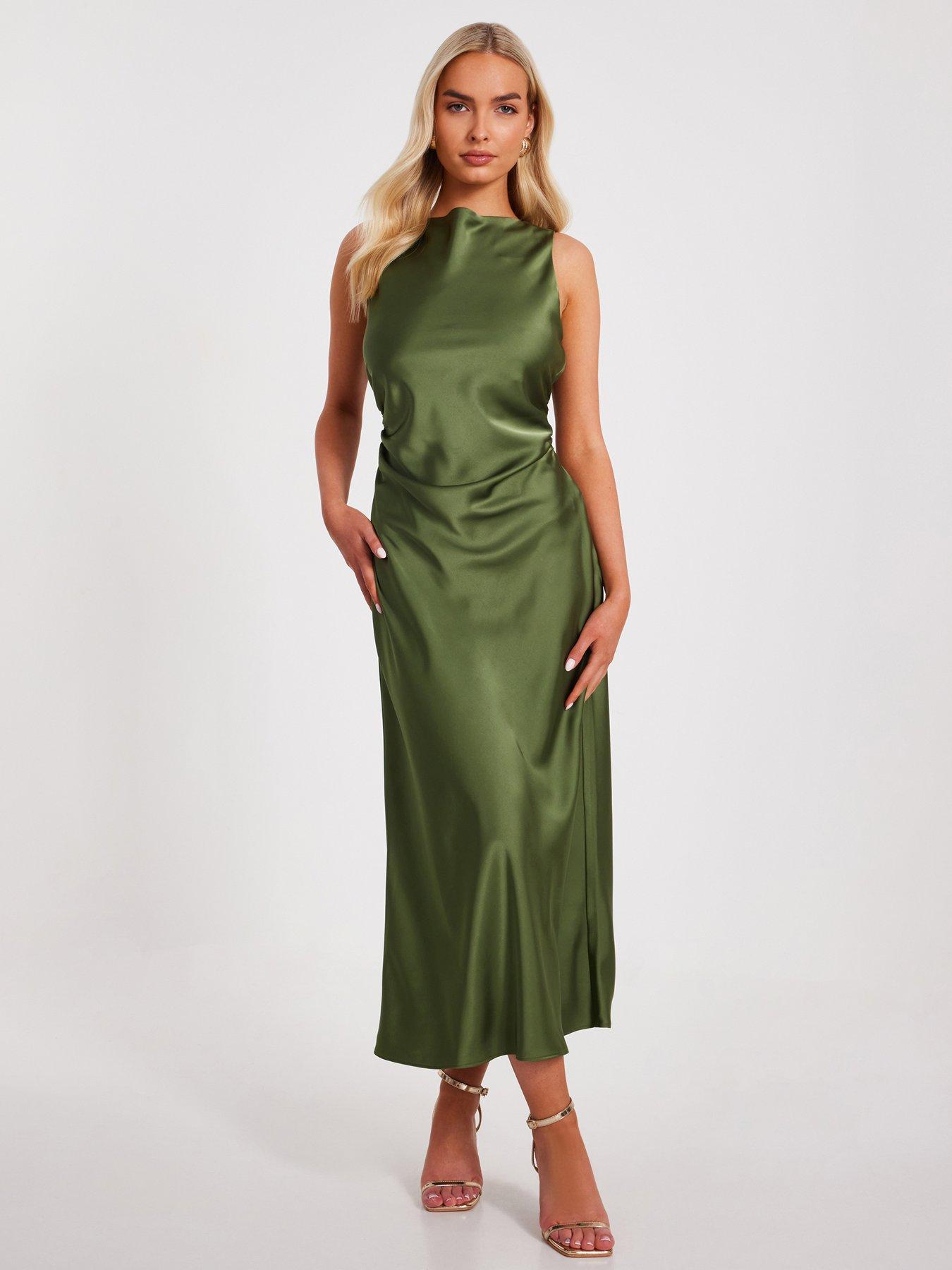 Quiz Khaki Satin Ruched Midi Dress | Very