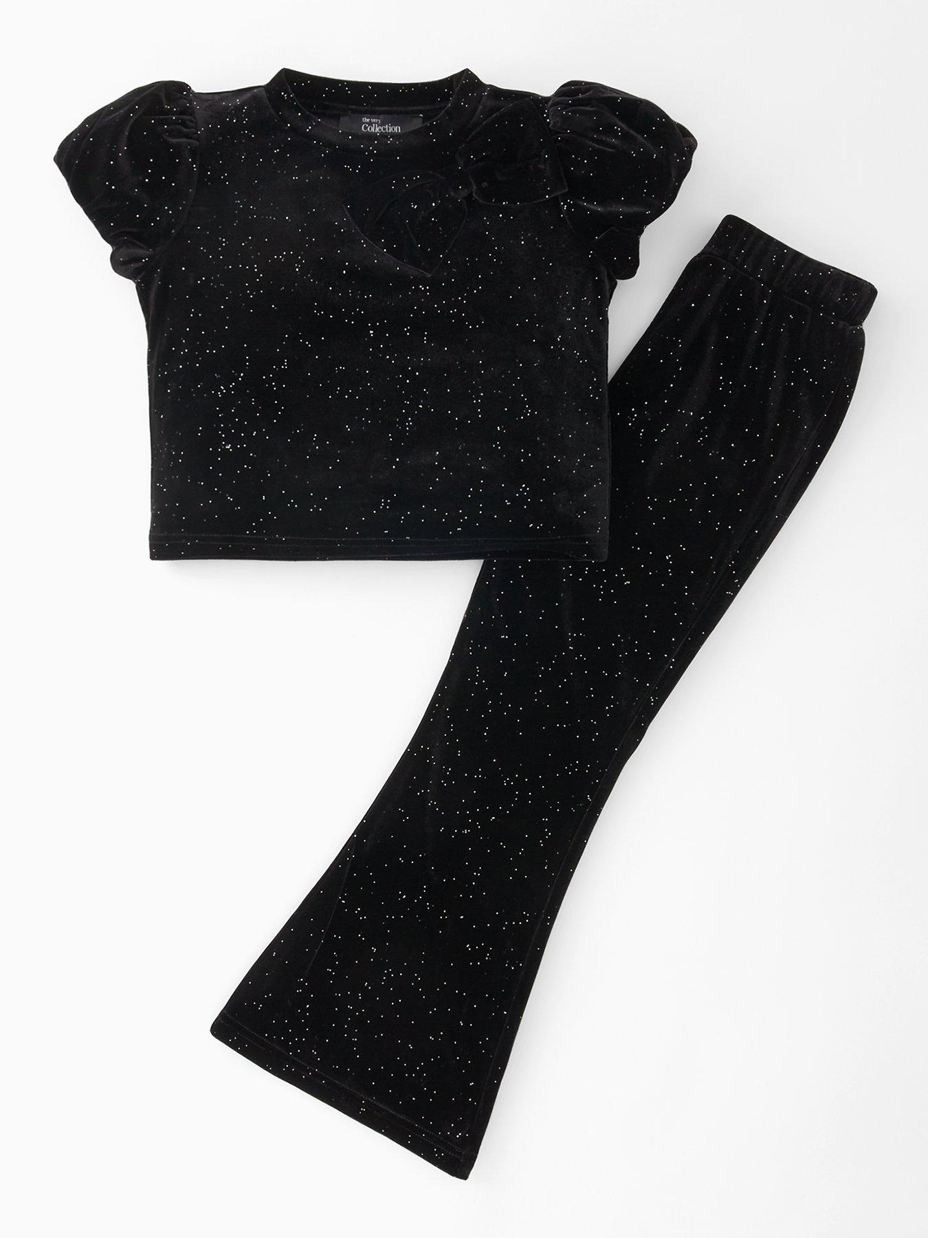 The Very Collection Girls Bow Shoulder Velour Trouser Set - Black