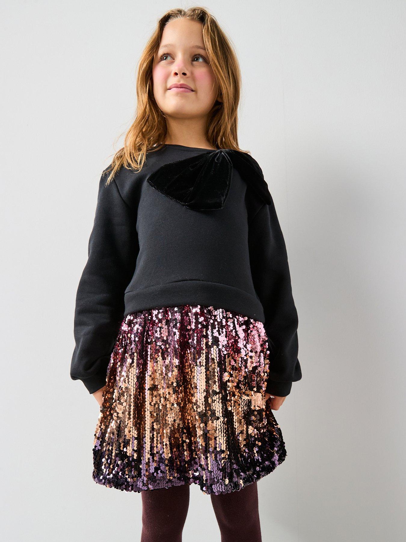 The Very Collection Girls 2 In 1 Sequin and Sweat Dress with Shoulder Bow Detail - Black