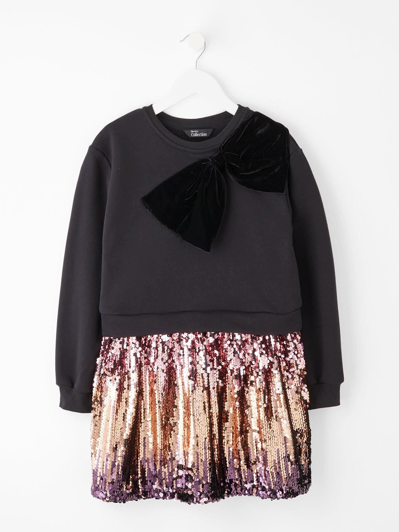 The Very Collection Girls 2 In 1 Sequin and Sweat Dress with Shoulder Bow Detail - Black