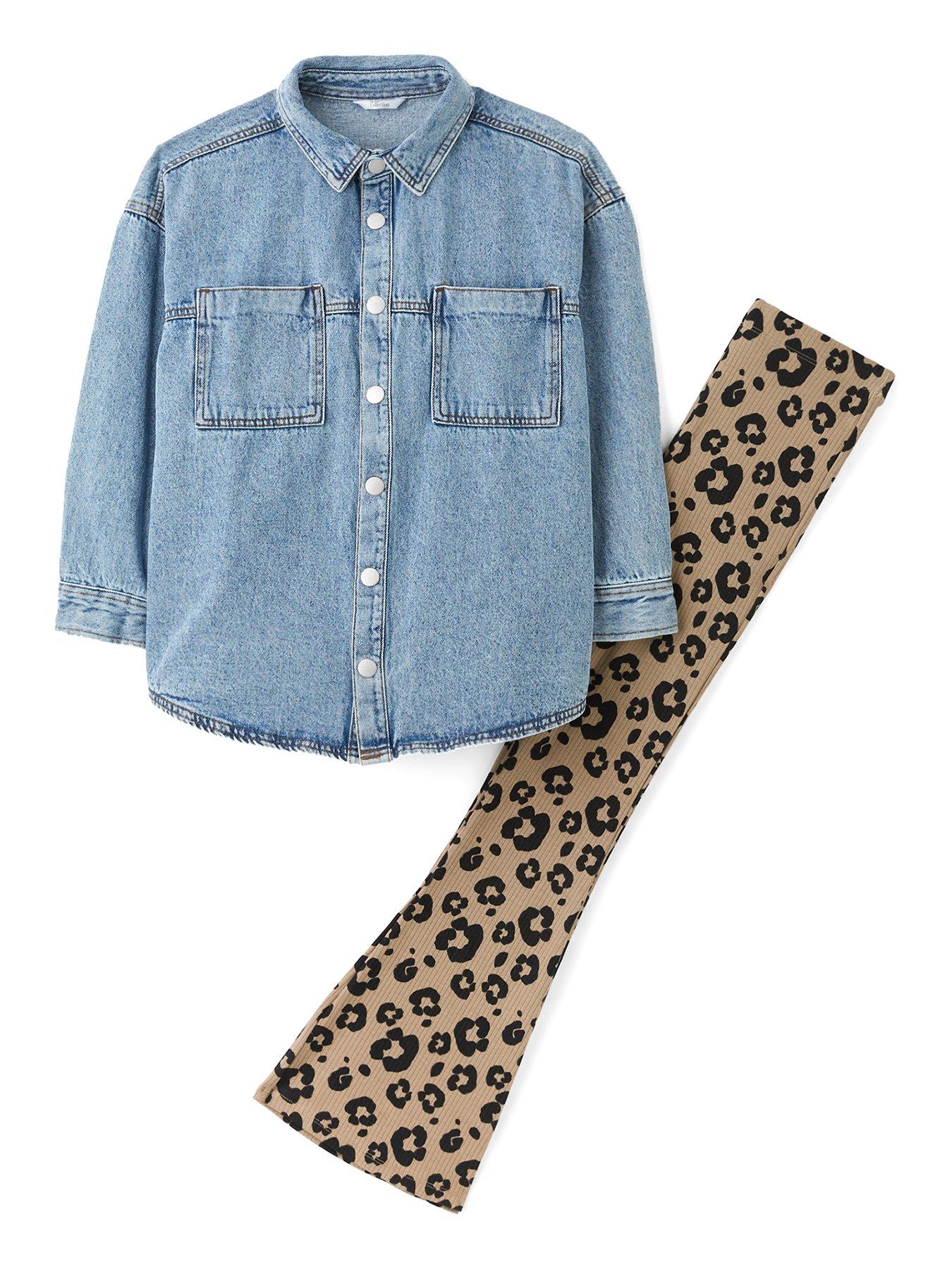 The Very Collection Girls Denim Shirt And Animal Flare Legging Outfit - Print