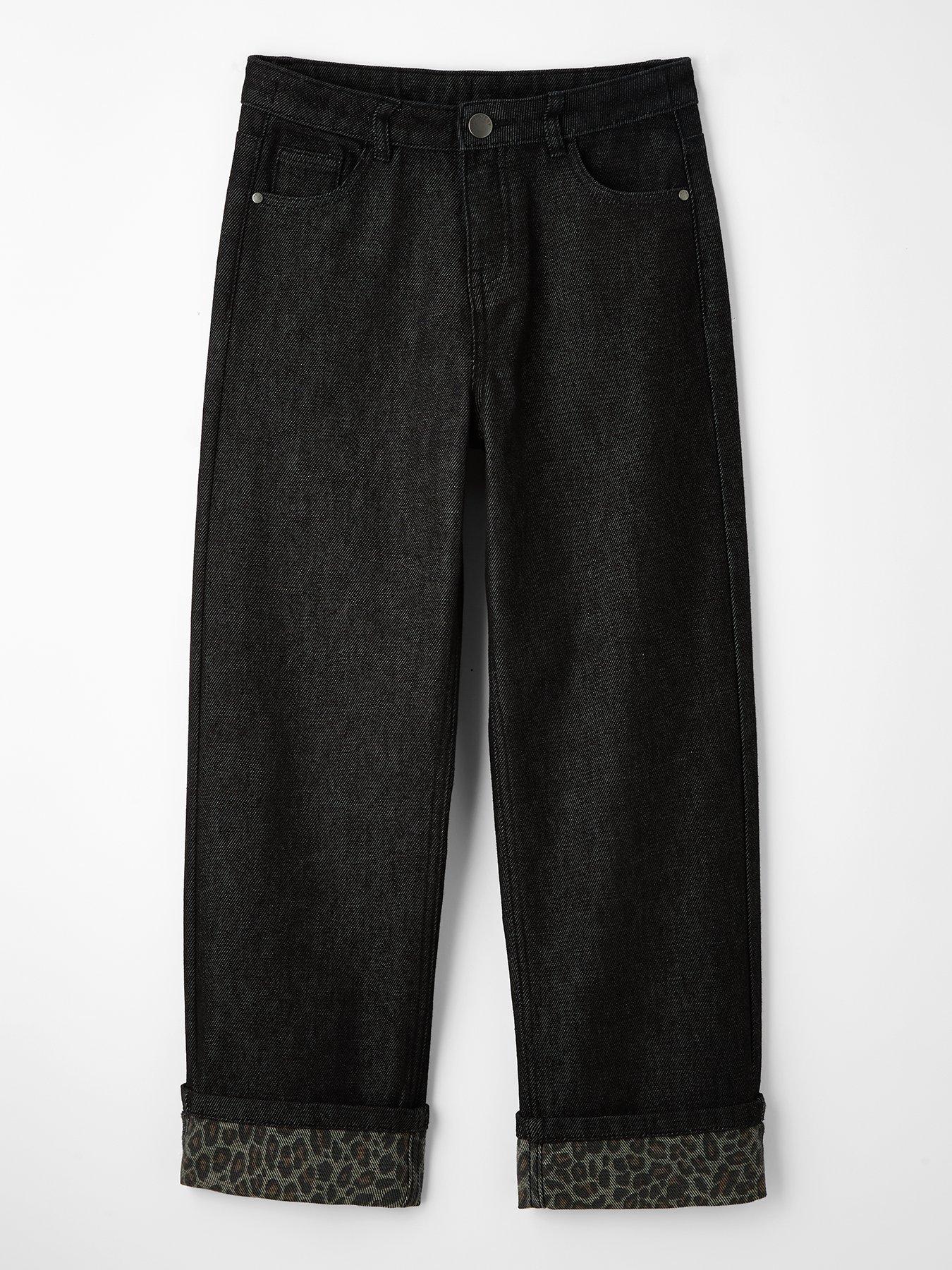 The Very Collection: Girls Fold Up Hem With Leopard Print Detail Straight Leg Jeans - Black