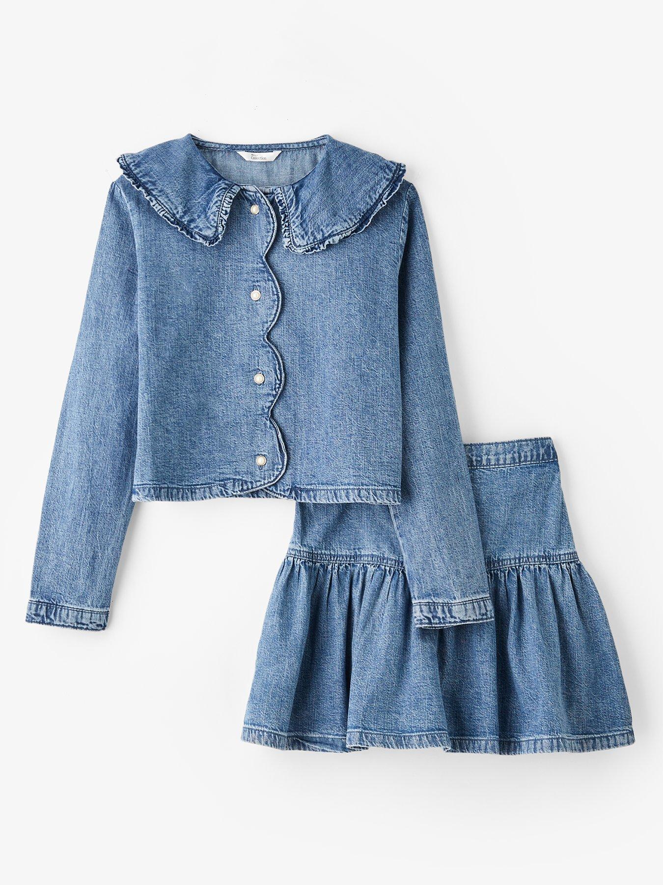 The Very Collection Girls Denim Shirt With Frill Collar And Button Up Skirt Outfit - Mid Wash