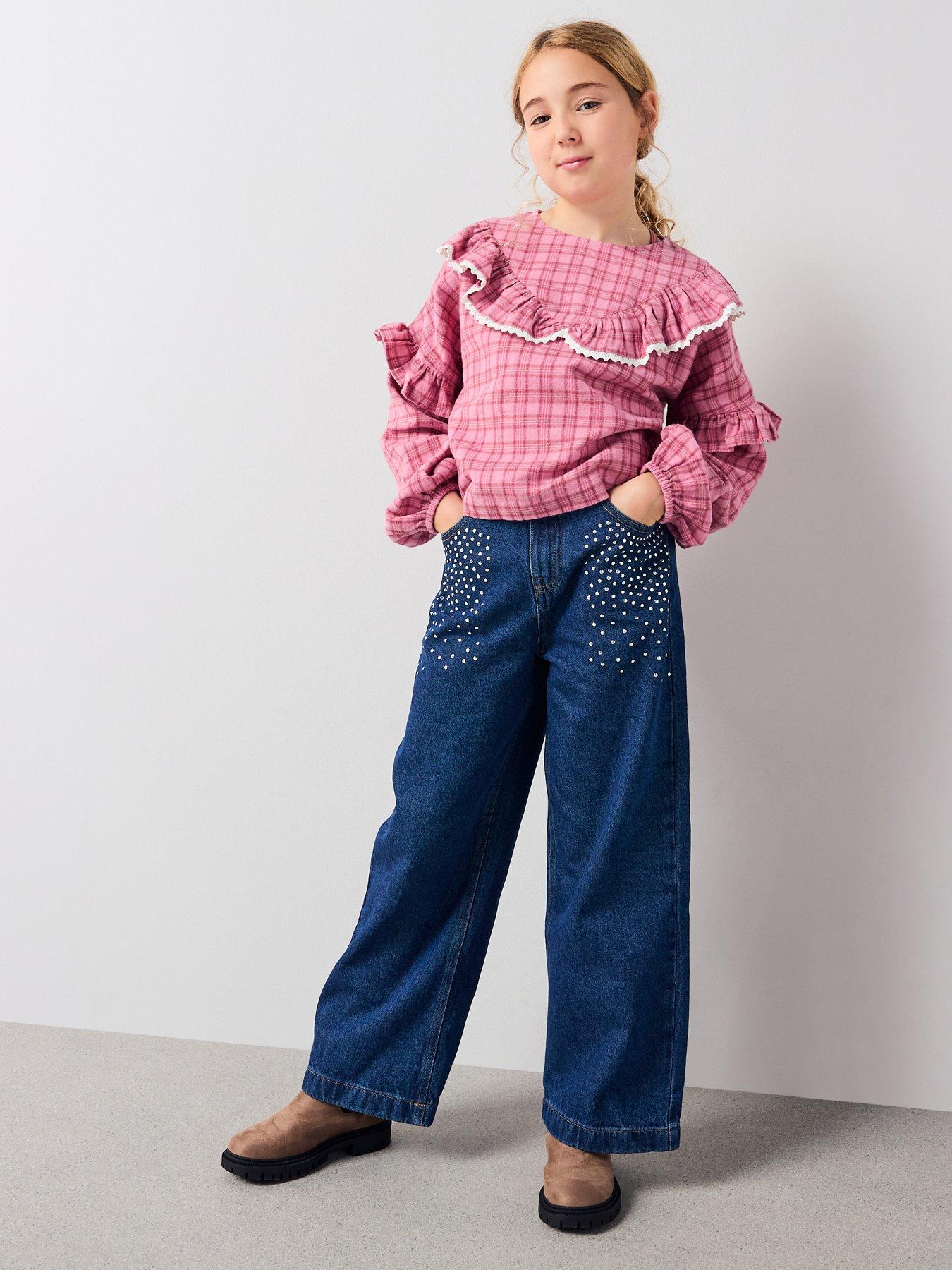 The Very Collection Girls Wide Leg Diamante' Detail Jeans - Mid Wash