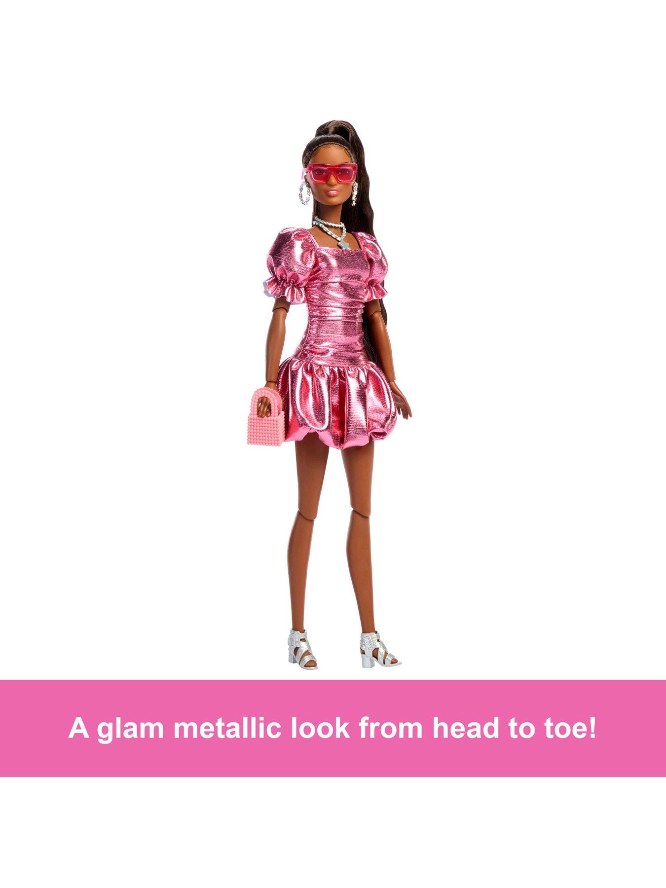 Barbie Deluxe Style Fashion Doll #6 in Metallic Coral Dress with Bubble Hem  and Silvery Accessories | Very