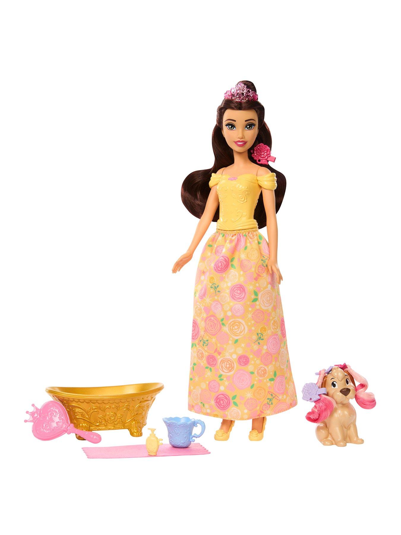 Disney Princess Bathe  &  Brush Belle Fashion Doll  &  Dog Figure with Color Change  &  Accessories