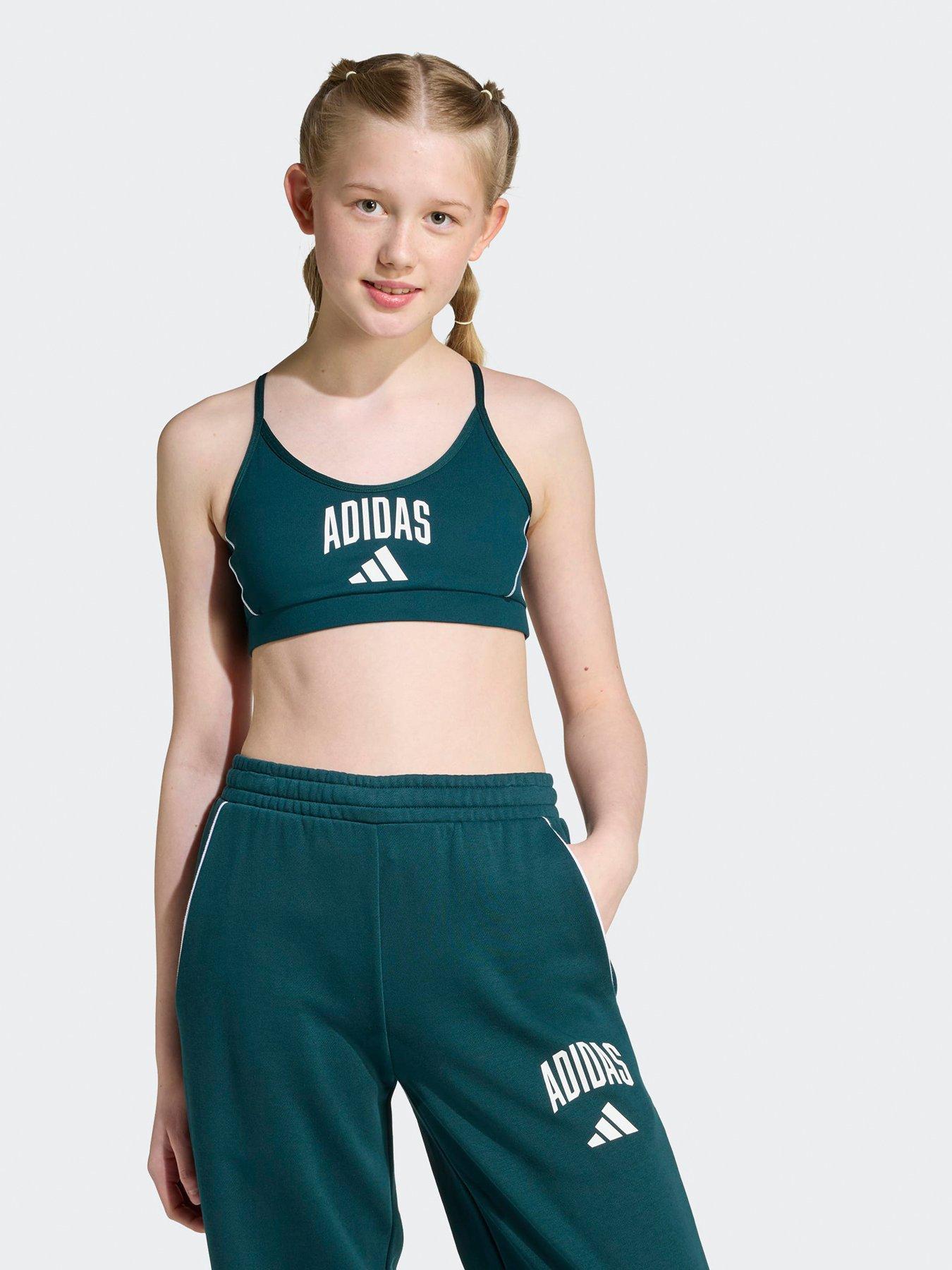 adidas Girls Junior Training Collegiate Sports Bra, Aurora Ivy/White, Size 7-8 Years