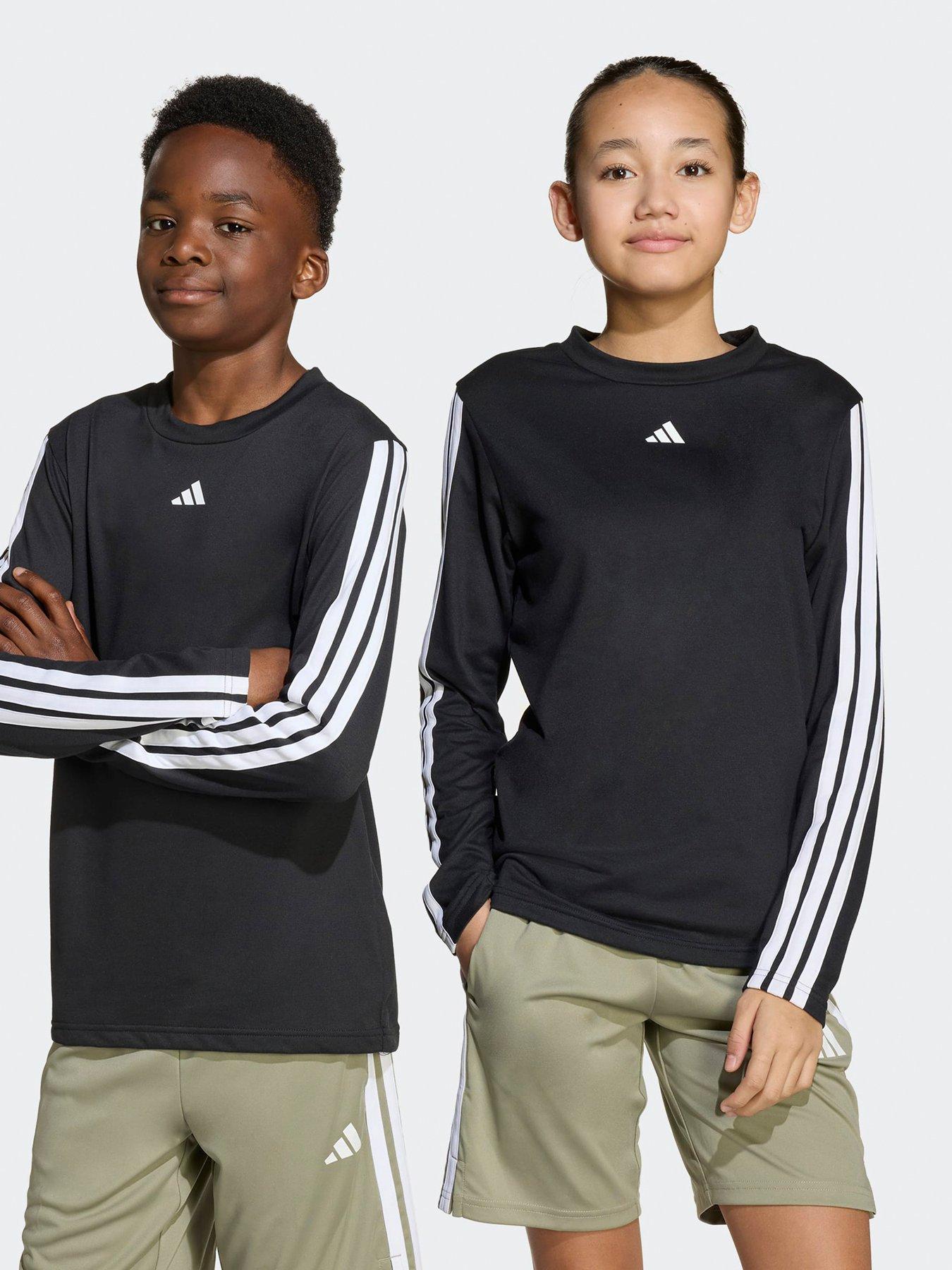 adidas Unisex Junior Training Essentials 3 Stripe Long Sleeve Top, Black/White, Size 7-8 Years