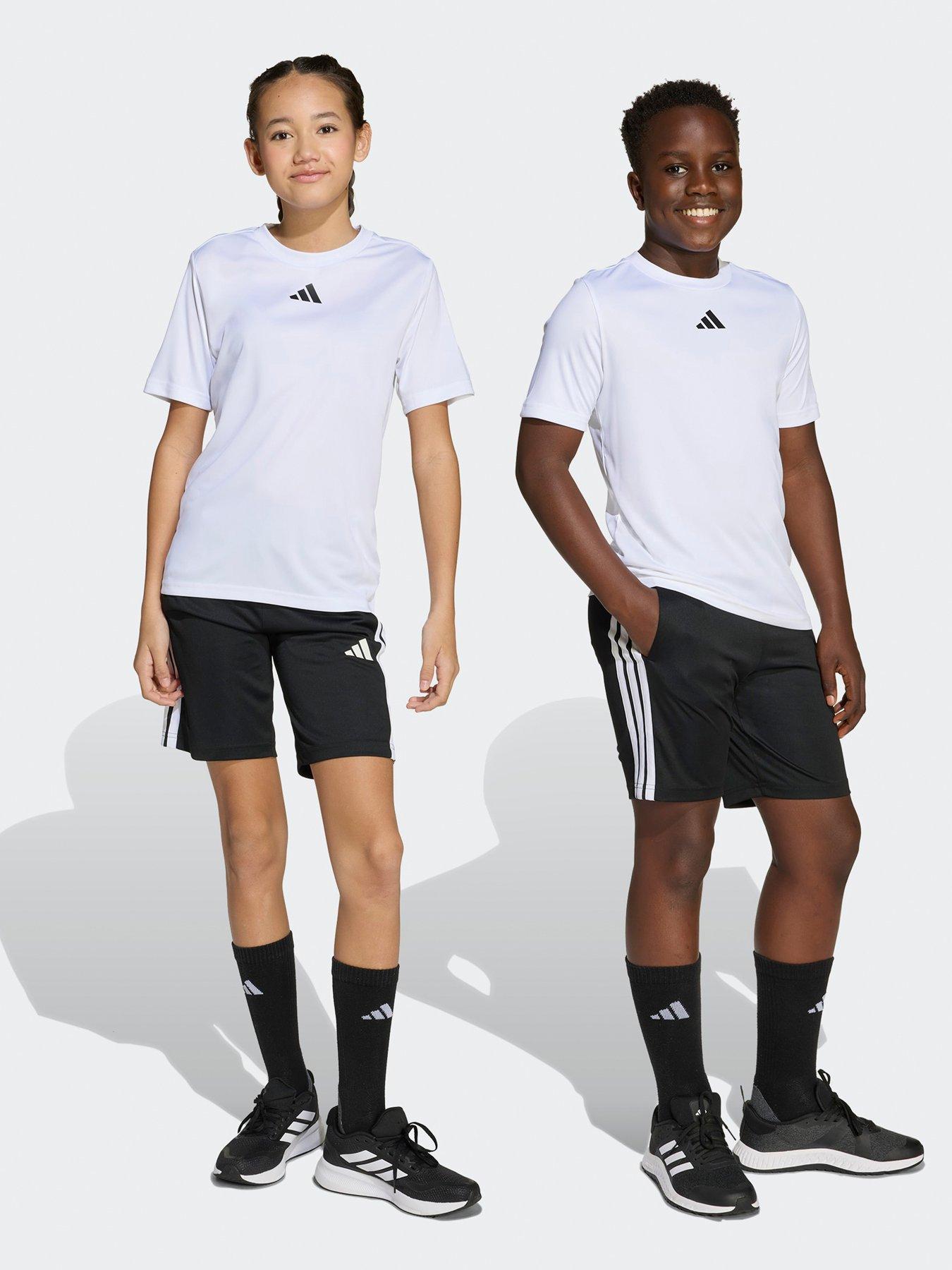 adidas Unisex Junior Training Essentials 3 Stripe T-Shirt & Short Set, White/Black, Size 7-8 Years