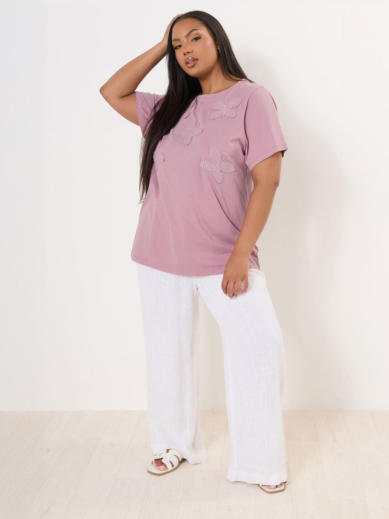 Image 3 of 4 of Yours Curve Applique Butterfly T-Shirt - Pink