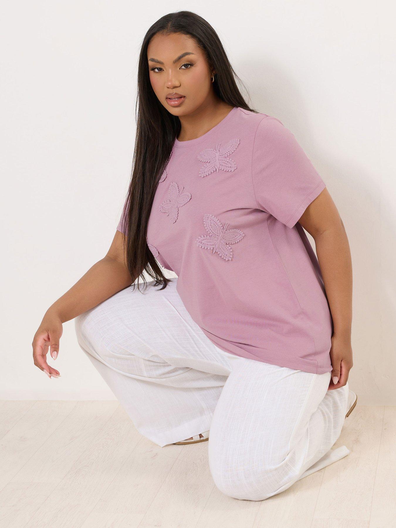 Image 4 of 4 of Yours Curve Applique Butterfly T-Shirt - Pink