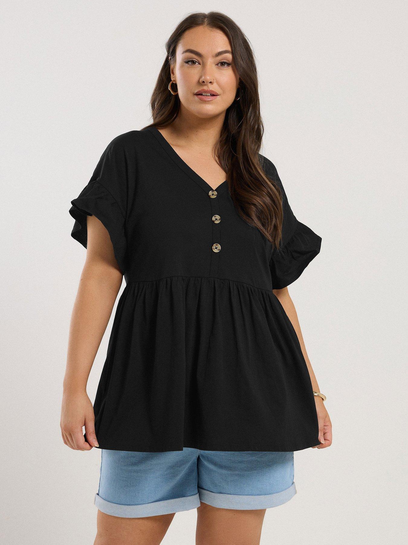 undefined Curve Frill Sleeve Button Peplum Top - Black