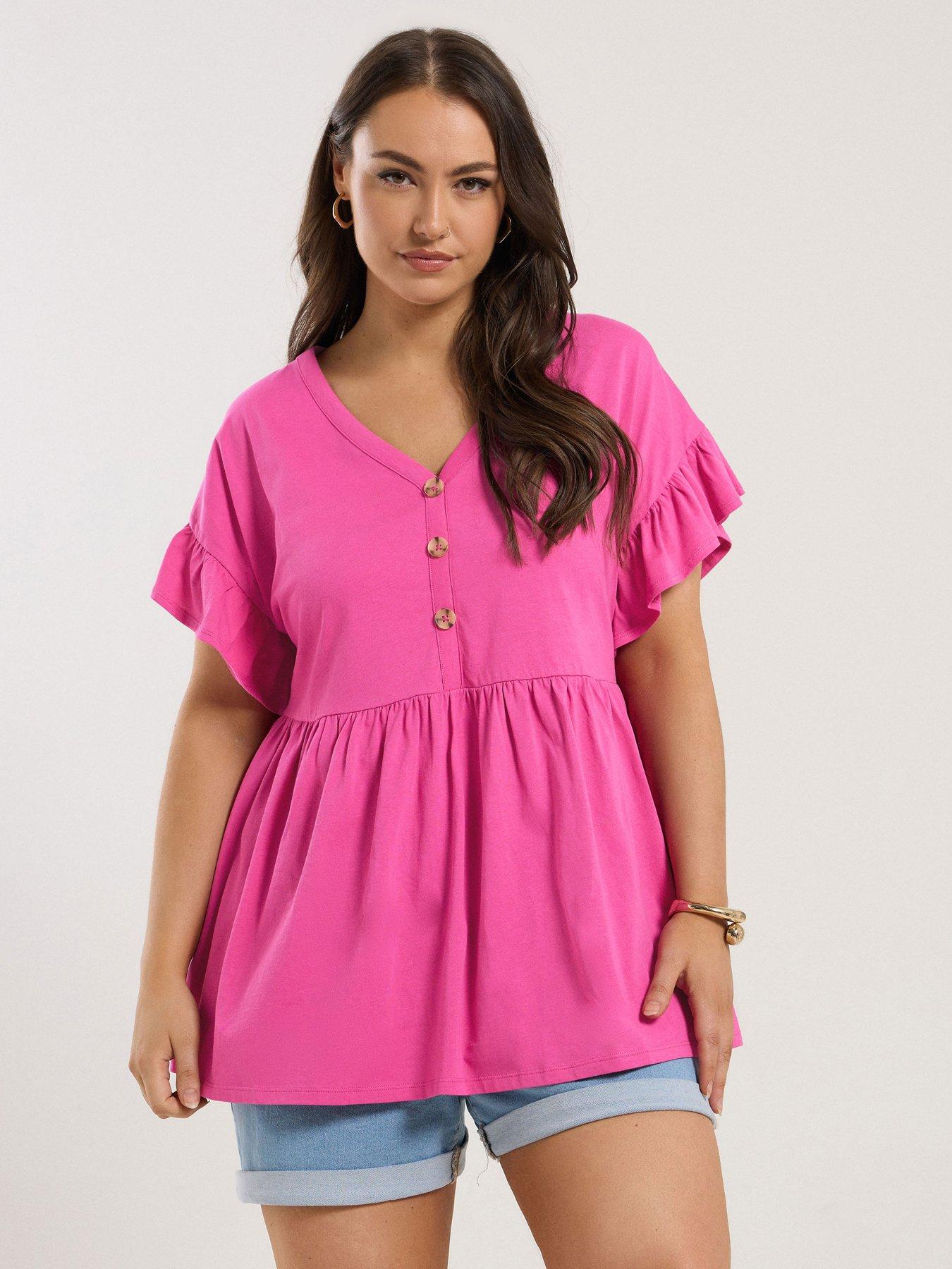 undefined Curve Frill Sleeve Button Peplum Top - Pink