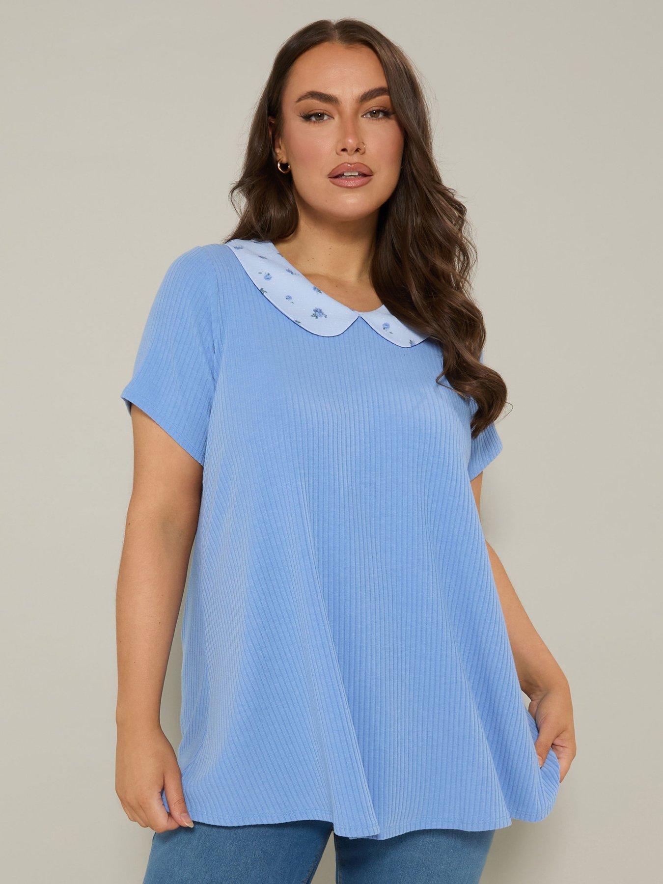 undefined Curve Ditsy Collar Rib Swing Top - Blue