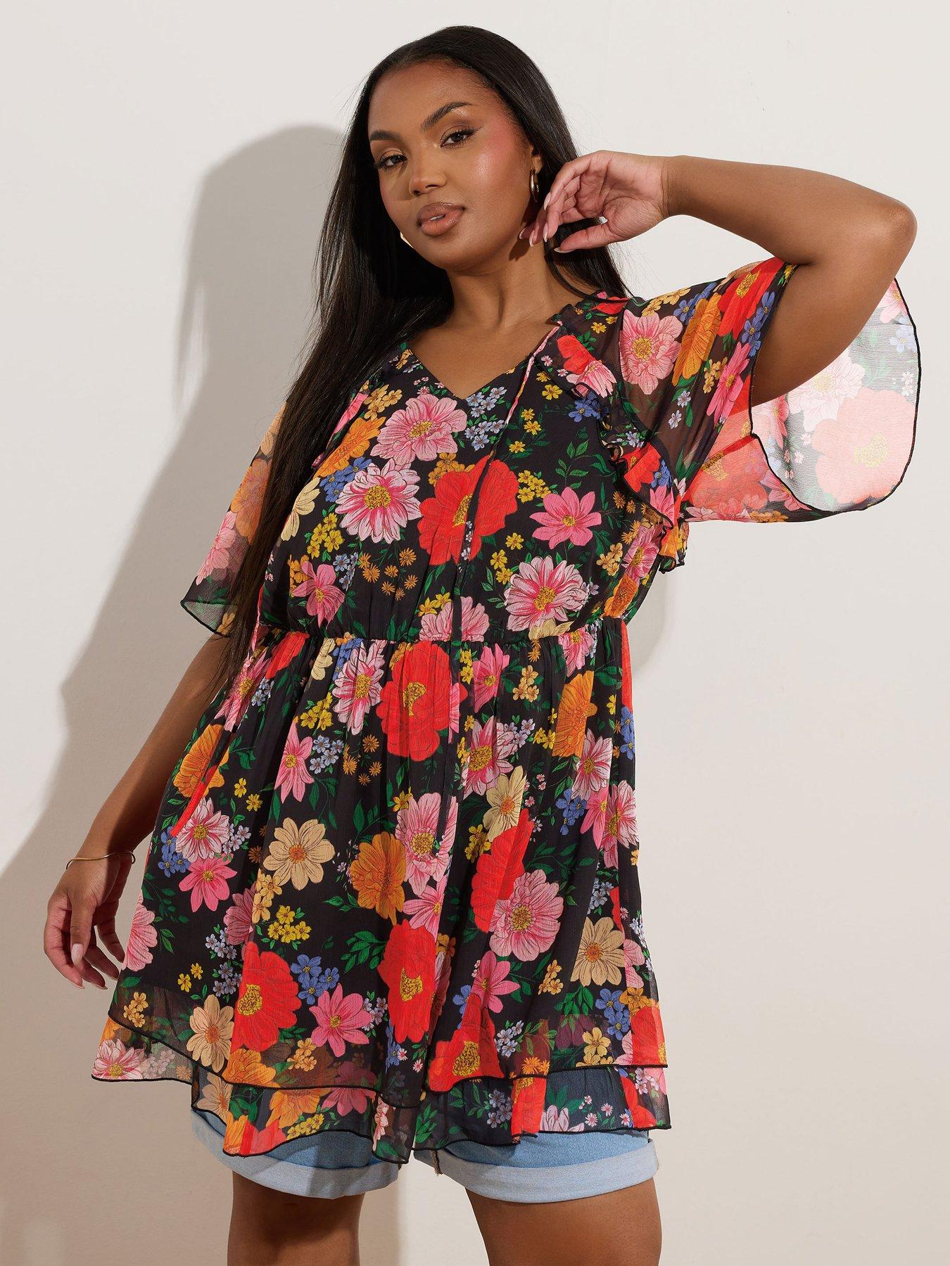 undefined Curve Ruffle Angel Sleeve Dress